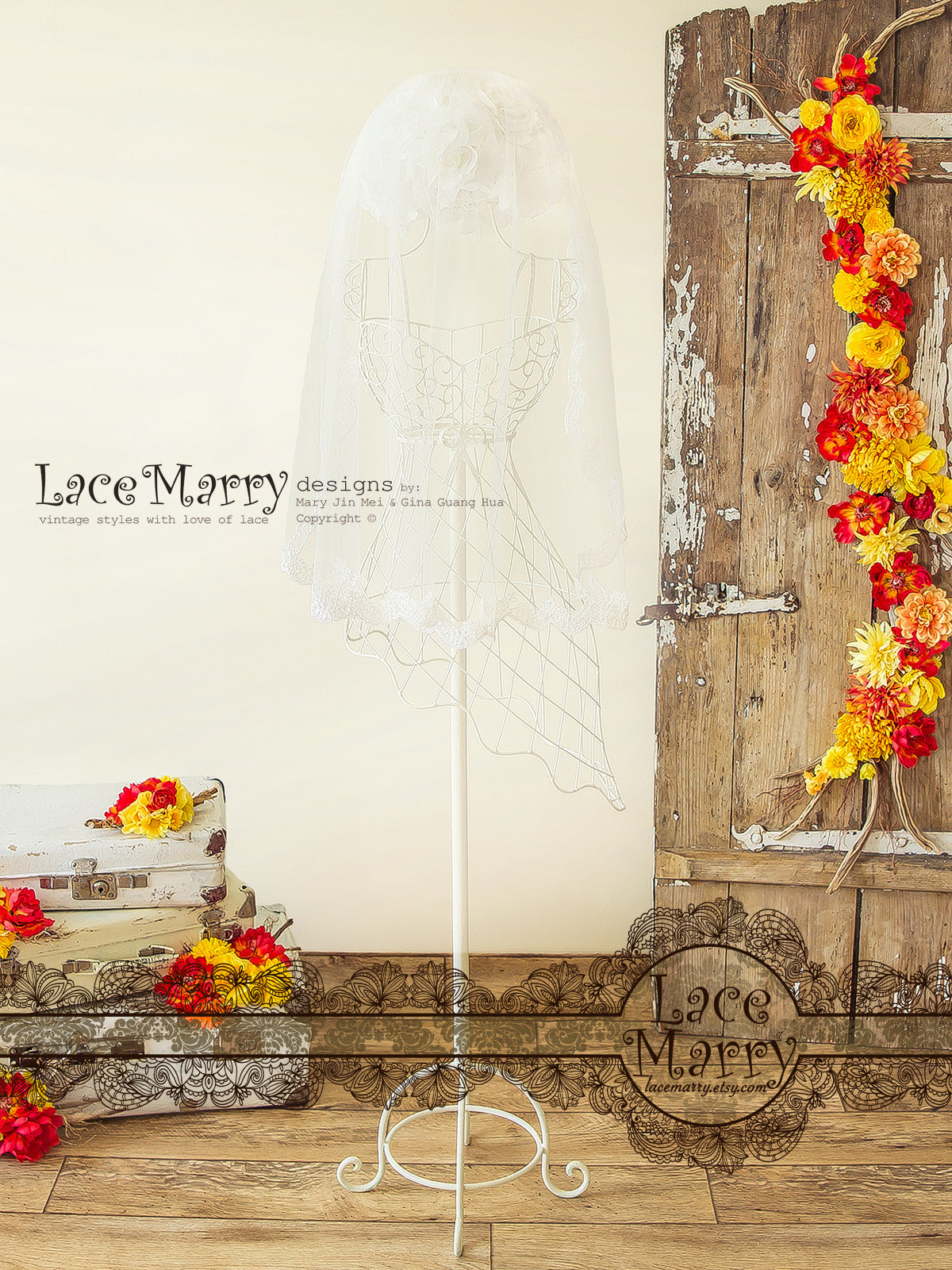 Single Layer Elbow Veil with Lace Hem