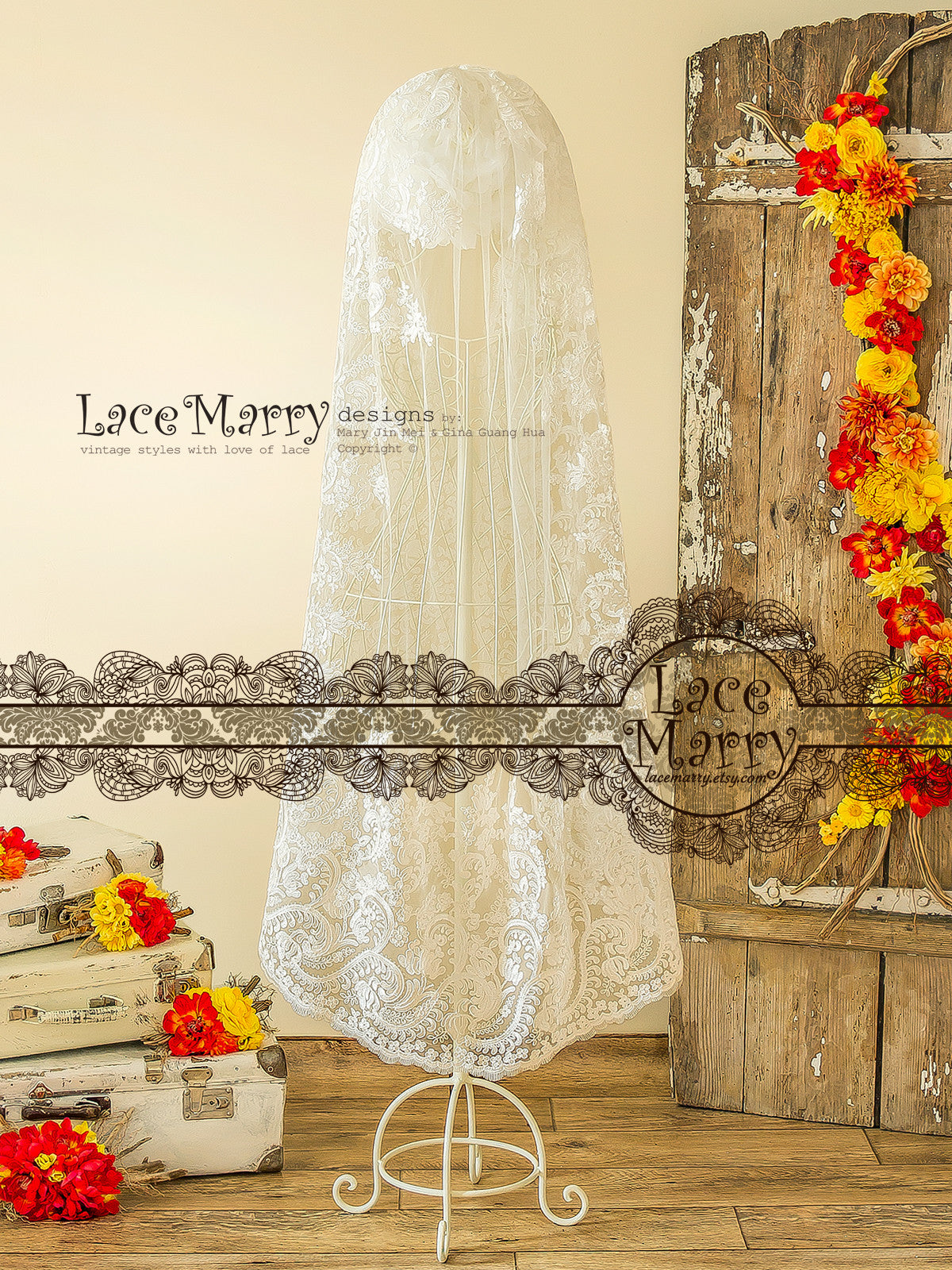Waltz Length Mantilla Veil with Embroidered Lace Hem