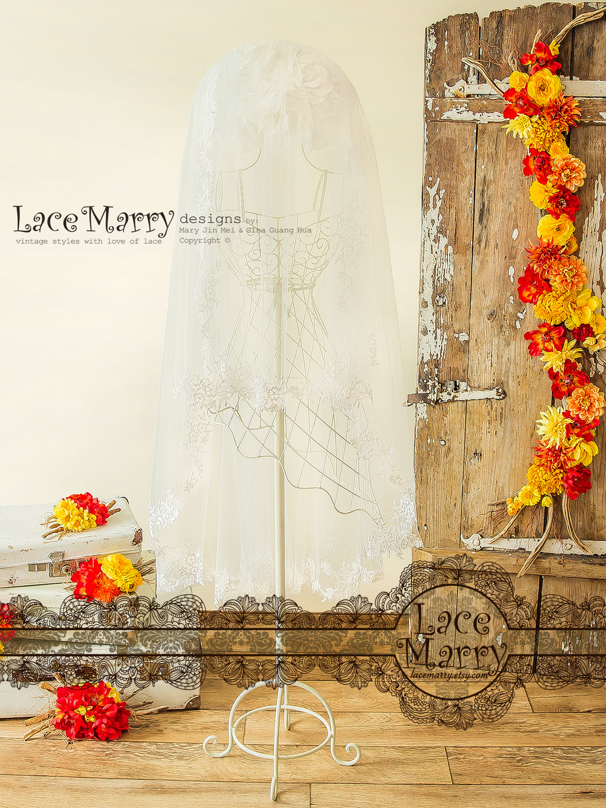 Wedding Veil with Blusher and Lace Appliques