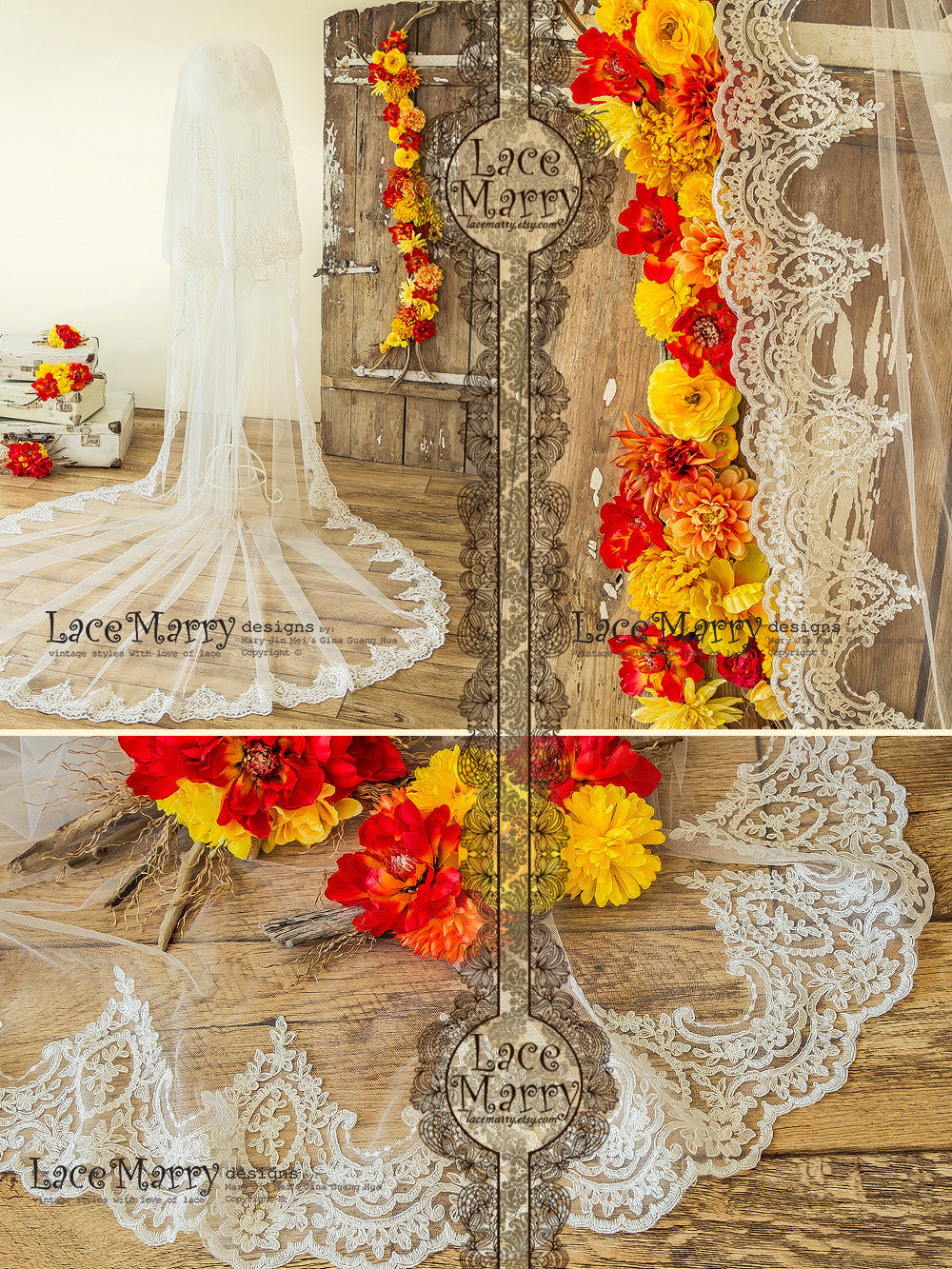 Double Layer Bridal Veil with Baroque Ornament Lace Trim