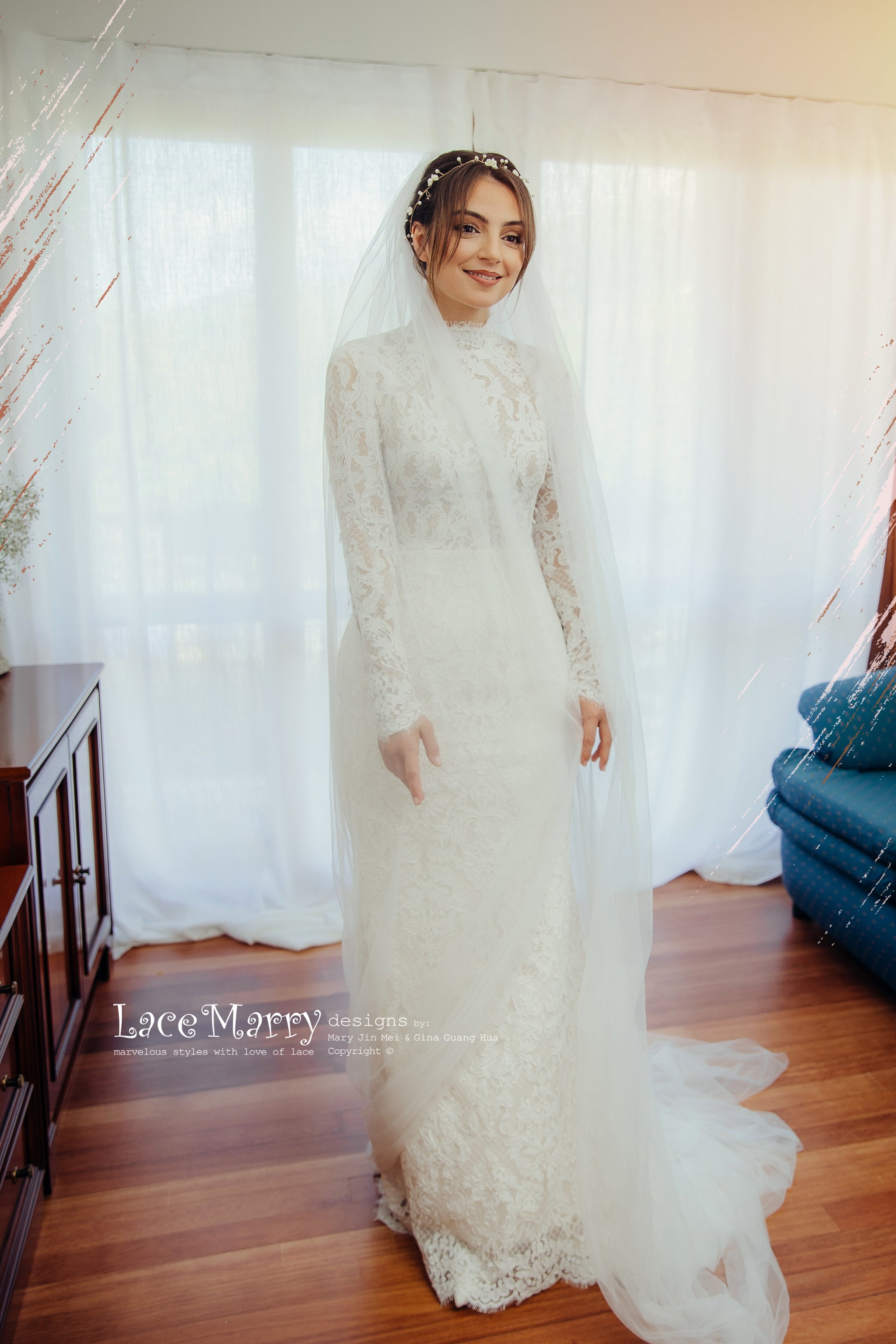 CANDACE / High Collar Lace Wedding Dress with Long Sleeves - LaceMarry CANDACE / High Collar Lace Wedding Dress with Long Sleeves - LaceMarry