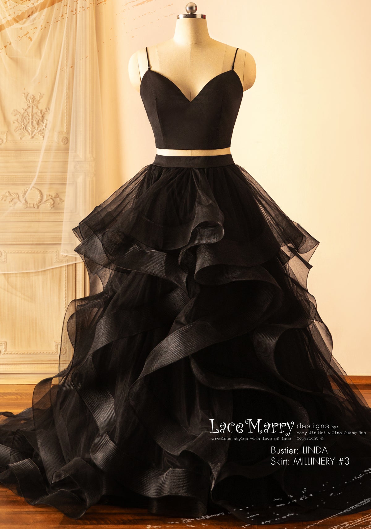 Black Wedding Dress with Separate Long Lacy Sleeves Bolero and Bustier