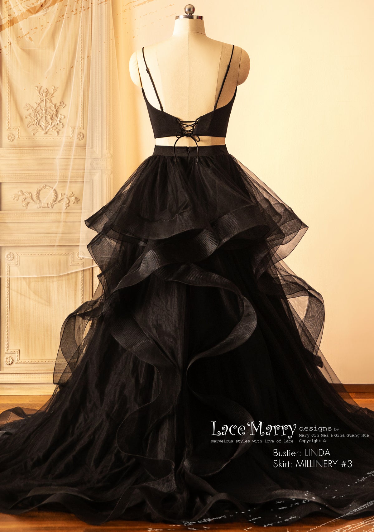 Black Wedding Dress with Separate Long Lacy Sleeves Bolero and Bustier