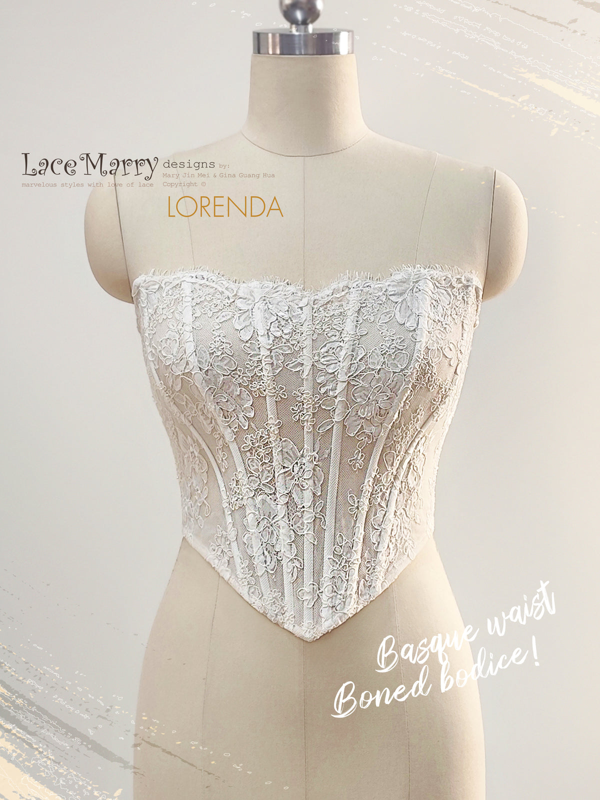 LORENDA / Basque Waist Boned Lace Bustier with Slight Sweetheart Neckline