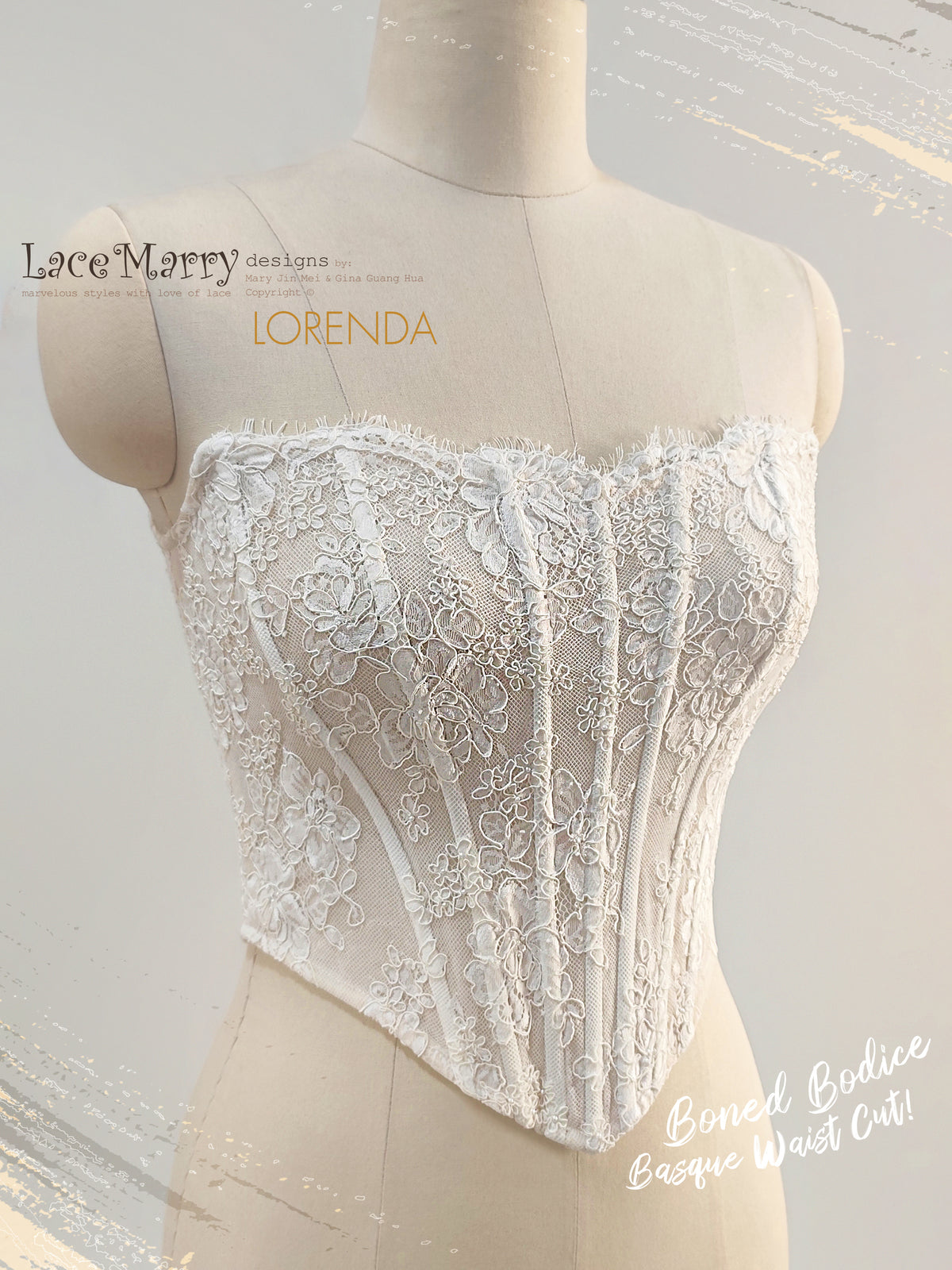 LORENDA / Basque Waist Boned Lace Bustier with Slight Sweetheart Neckline