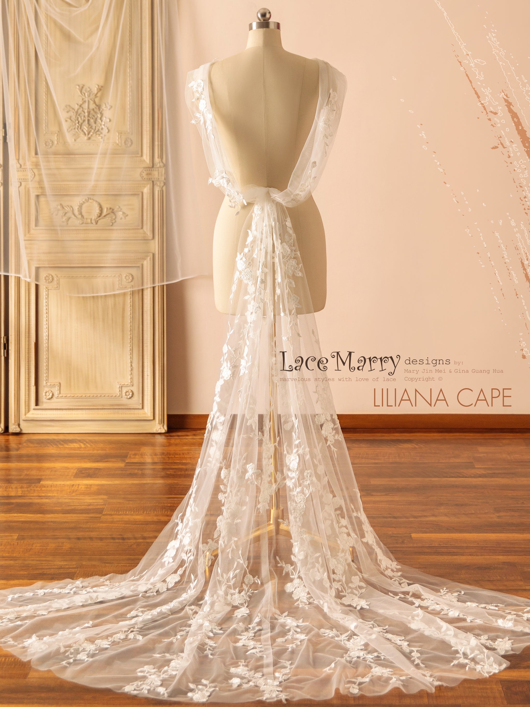 LILIANA / V Neck Plain Wedding Dress with Removable Lace Cape Train - LaceMarry LILIANA / V Neck Plain Wedding Dress with Removable Lace Cape Train - LaceMarry