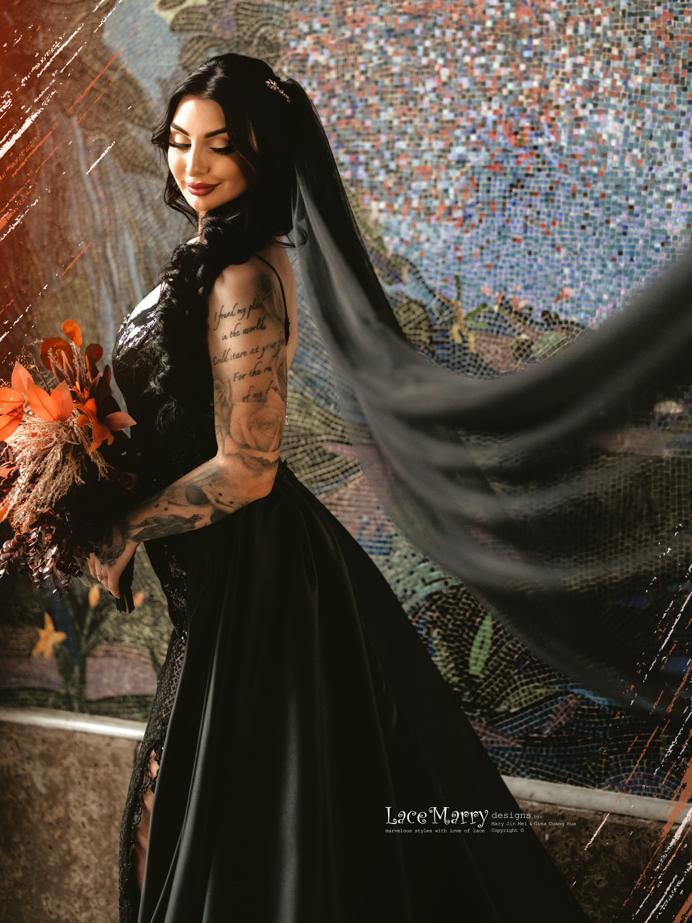 ALLISON / Sparkling Black Wedding Dress with Removable Train