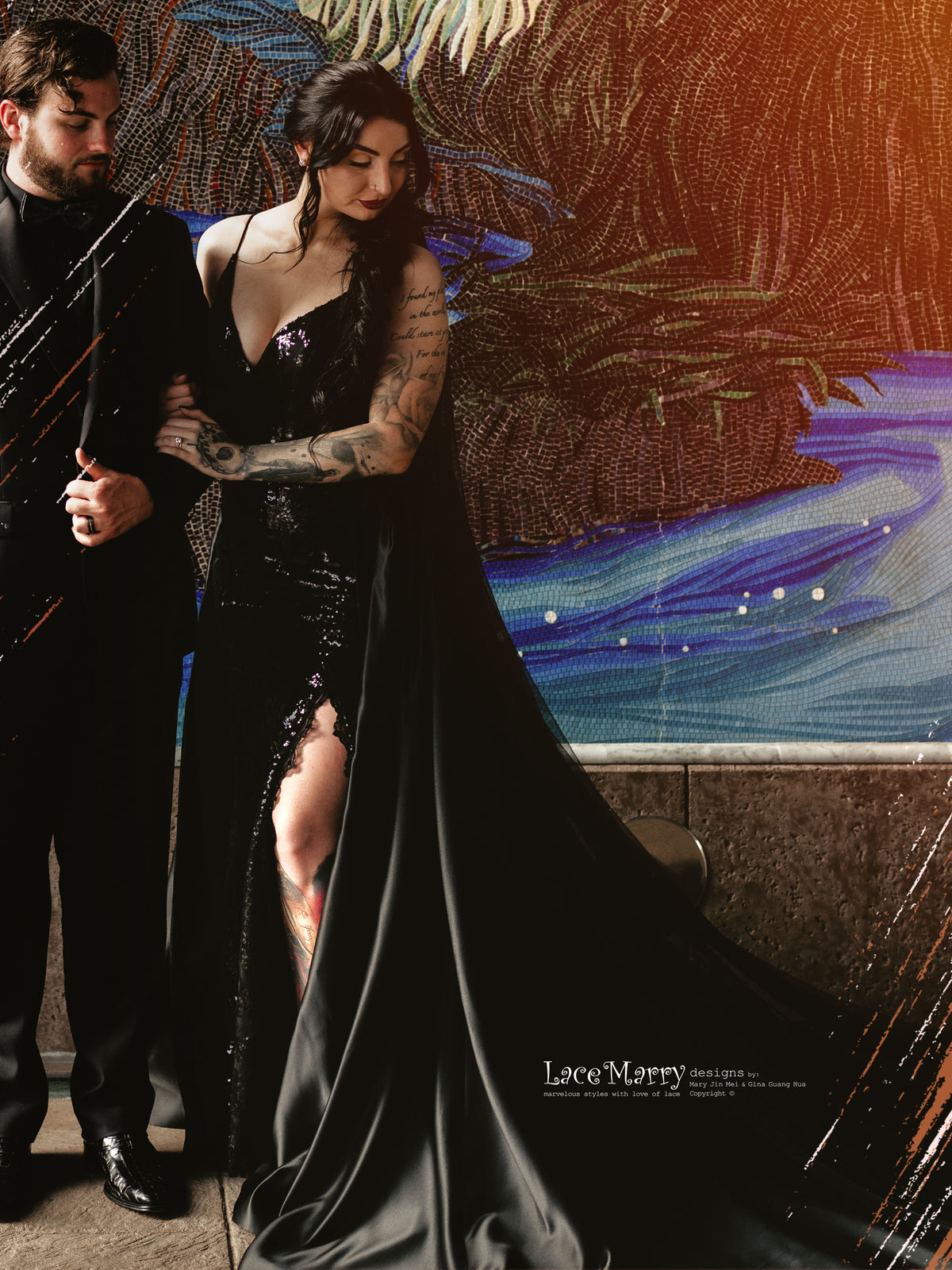 ALLISON / Sparkling Black Wedding Dress with Removable Train