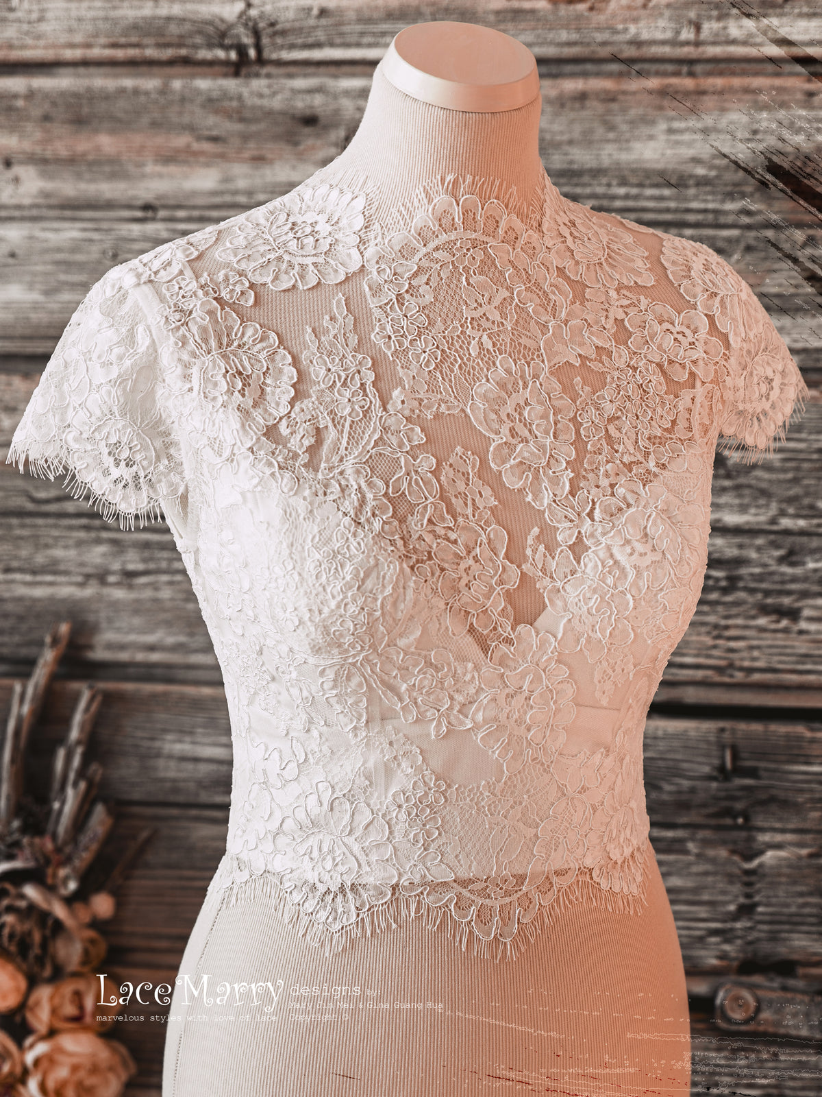 Custom Bridal Lace Top with Cap Sleeves and High Collar