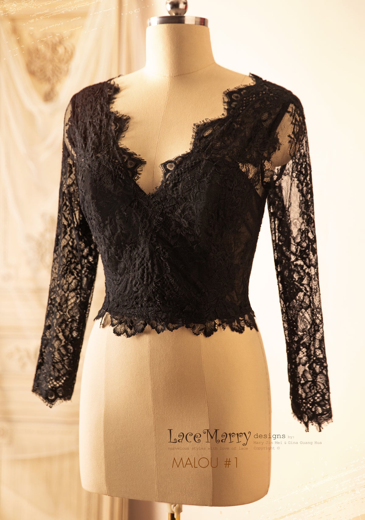 MALOU #1 / Black Lace Bridal Crop Top with Long Sleeves