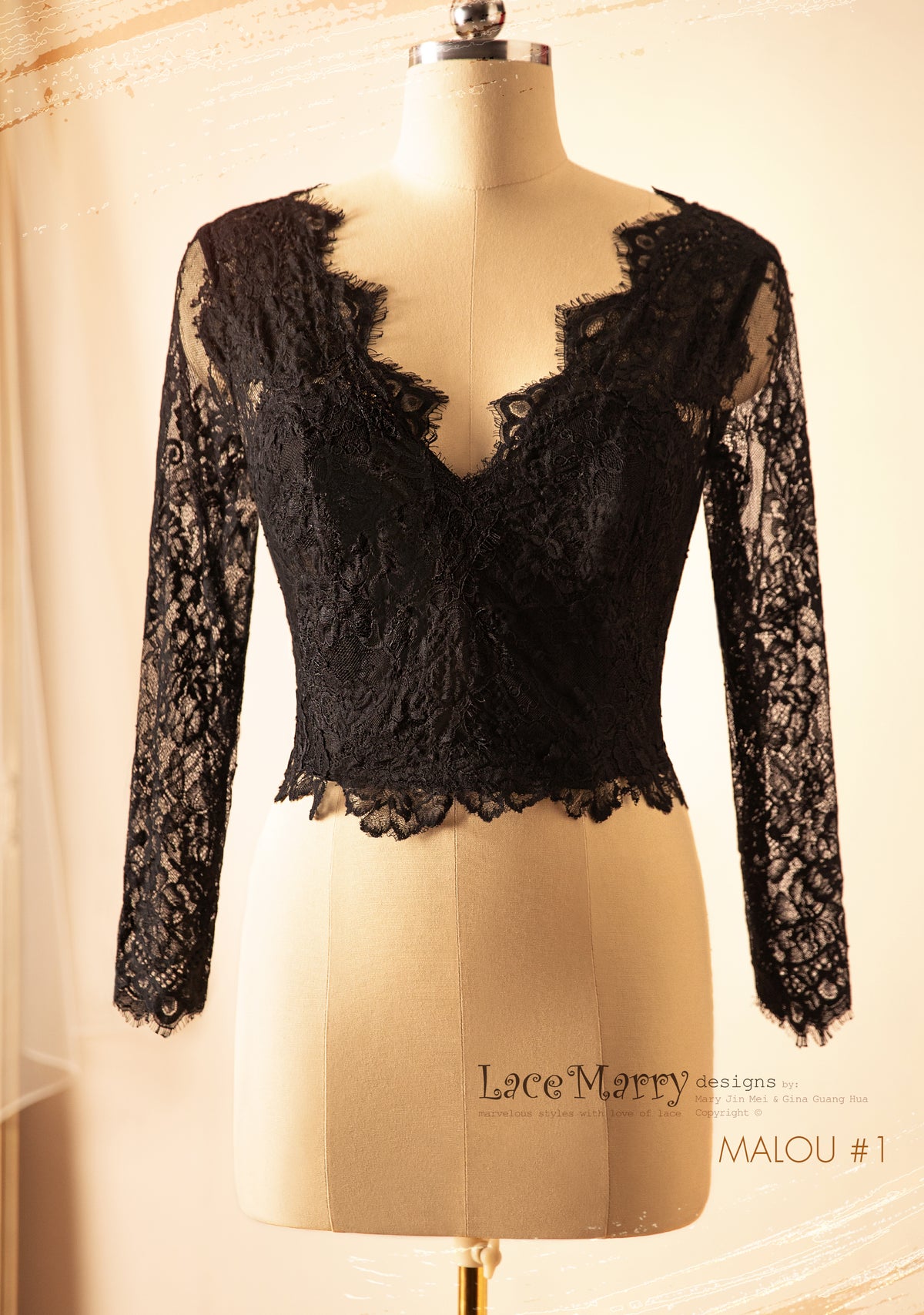 MALOU #1 / Black Lace Bridal Crop Top with Long Sleeves