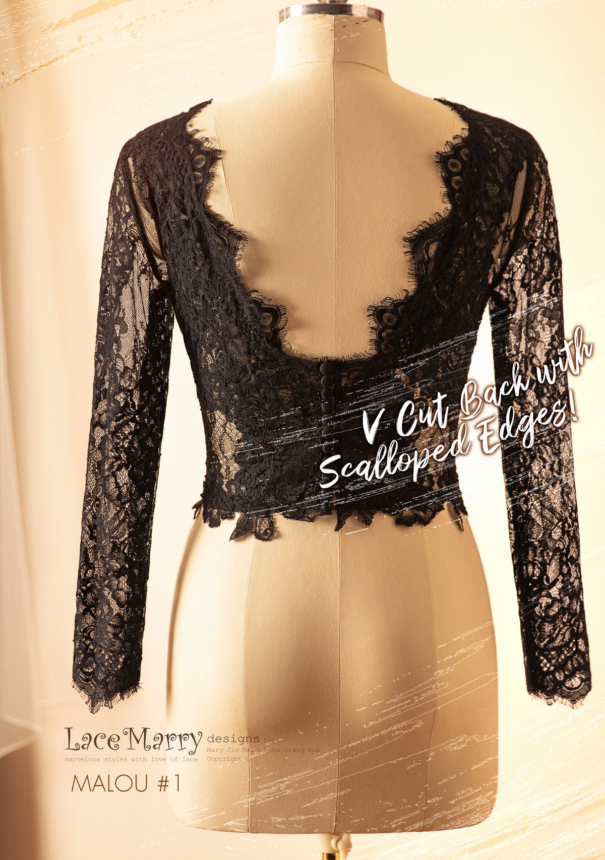 MALOU #1 / Black Lace Bridal Crop Top with Long Sleeves