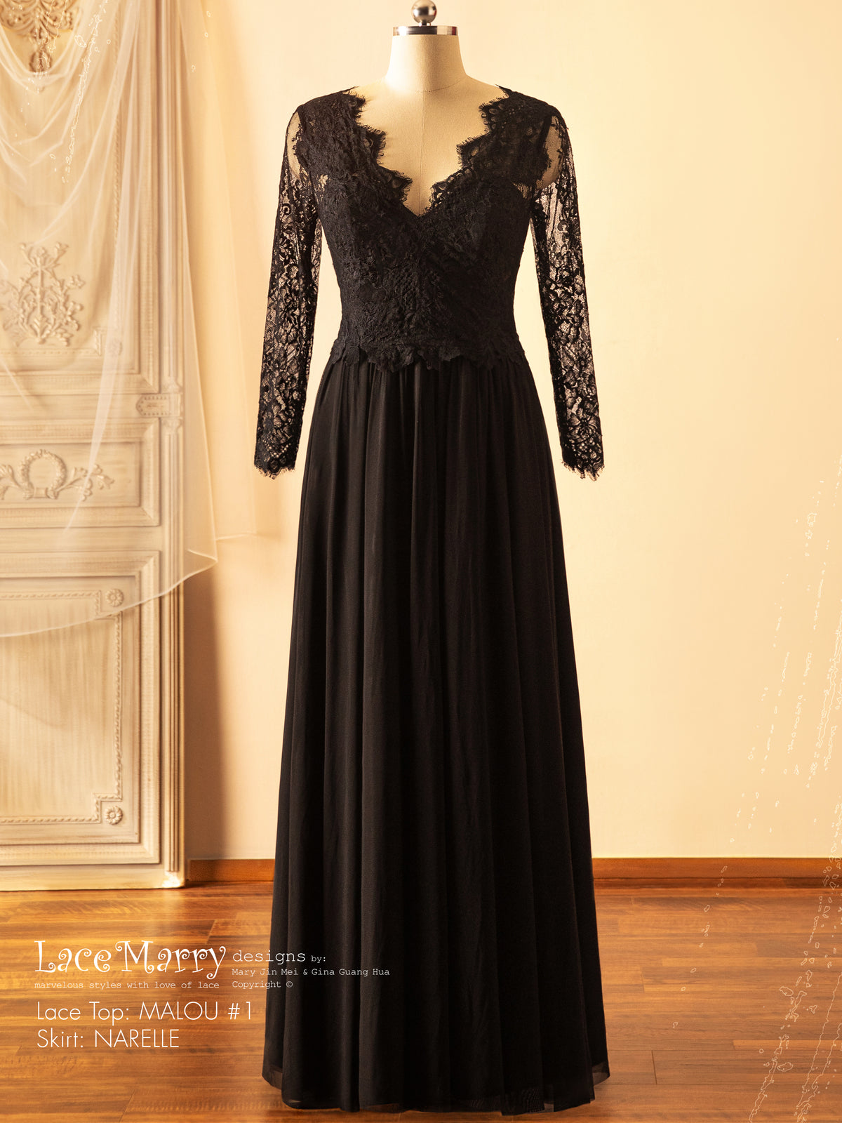 Black Wedding Dress Crop Set with Plain Tulle Skirt and Long Sleeves - LaceMarry Black Wedding Dress Crop Set with Plain Tulle Skirt and Long Sleeves - LaceMarry
