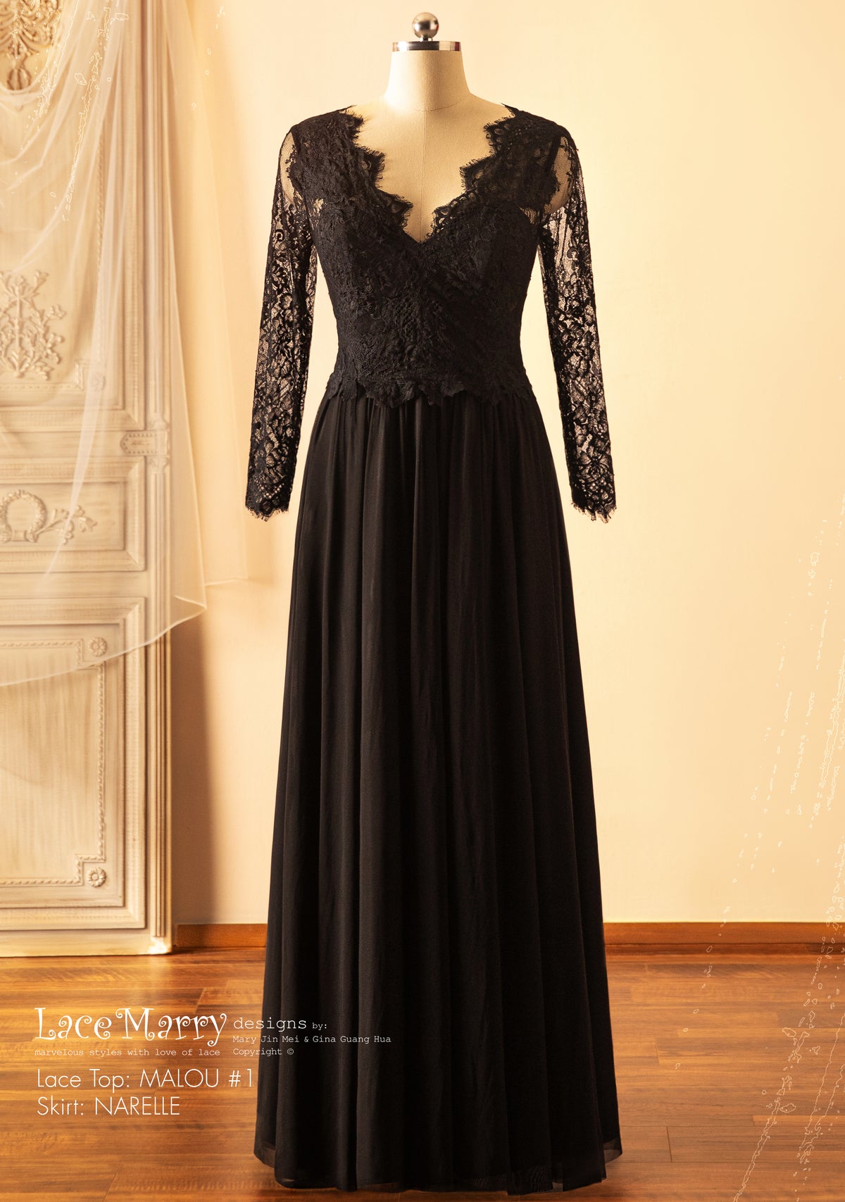 Black Wedding Dress Crop Set with Plain Tulle Skirt and Long Sleeves Lace Top