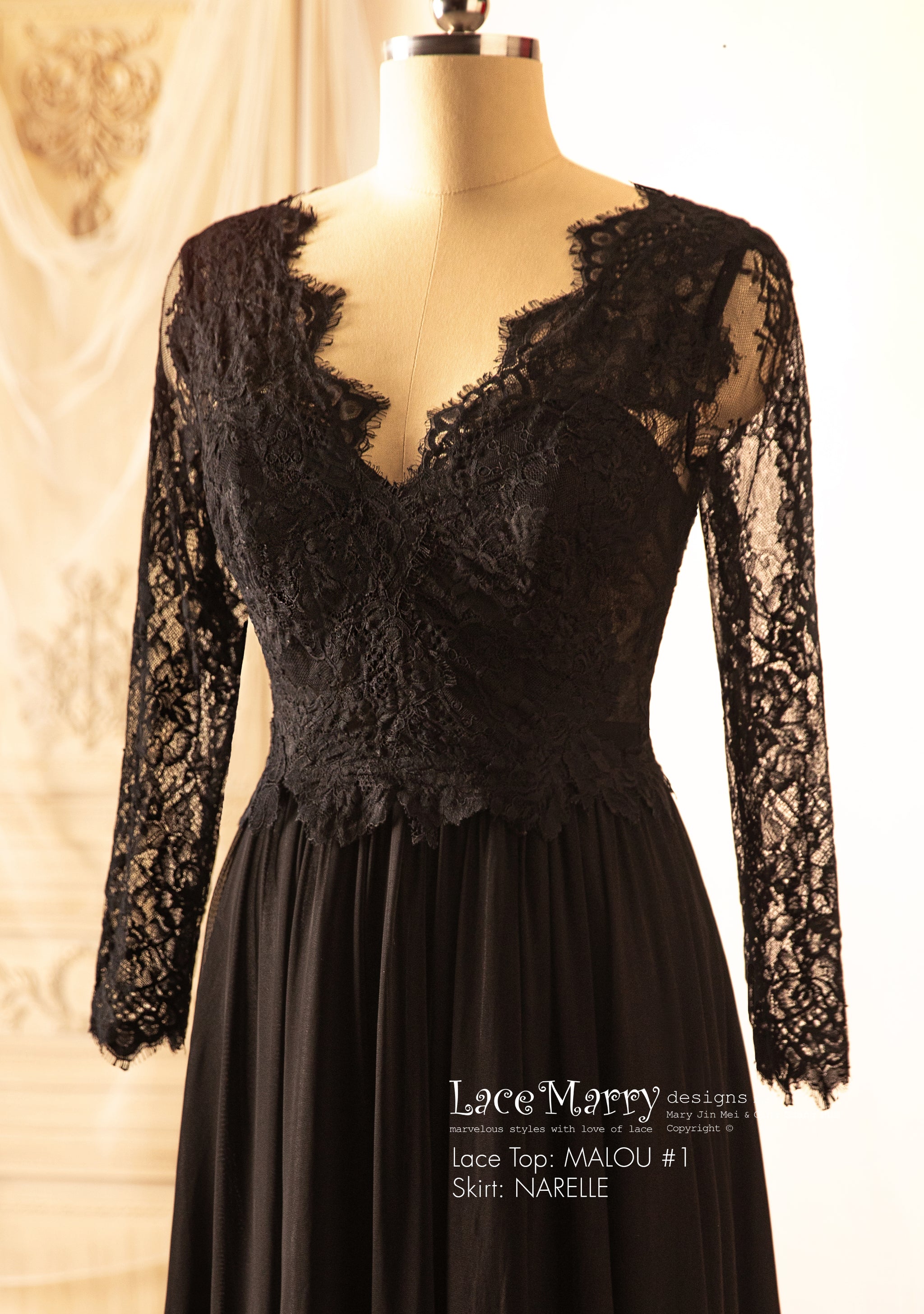Black Wedding Dress Crop Set with Plain Tulle Skirt and Long Sleeves - LaceMarry Black Wedding Dress Crop Set with Plain Tulle Skirt and Long Sleeves - LaceMarry