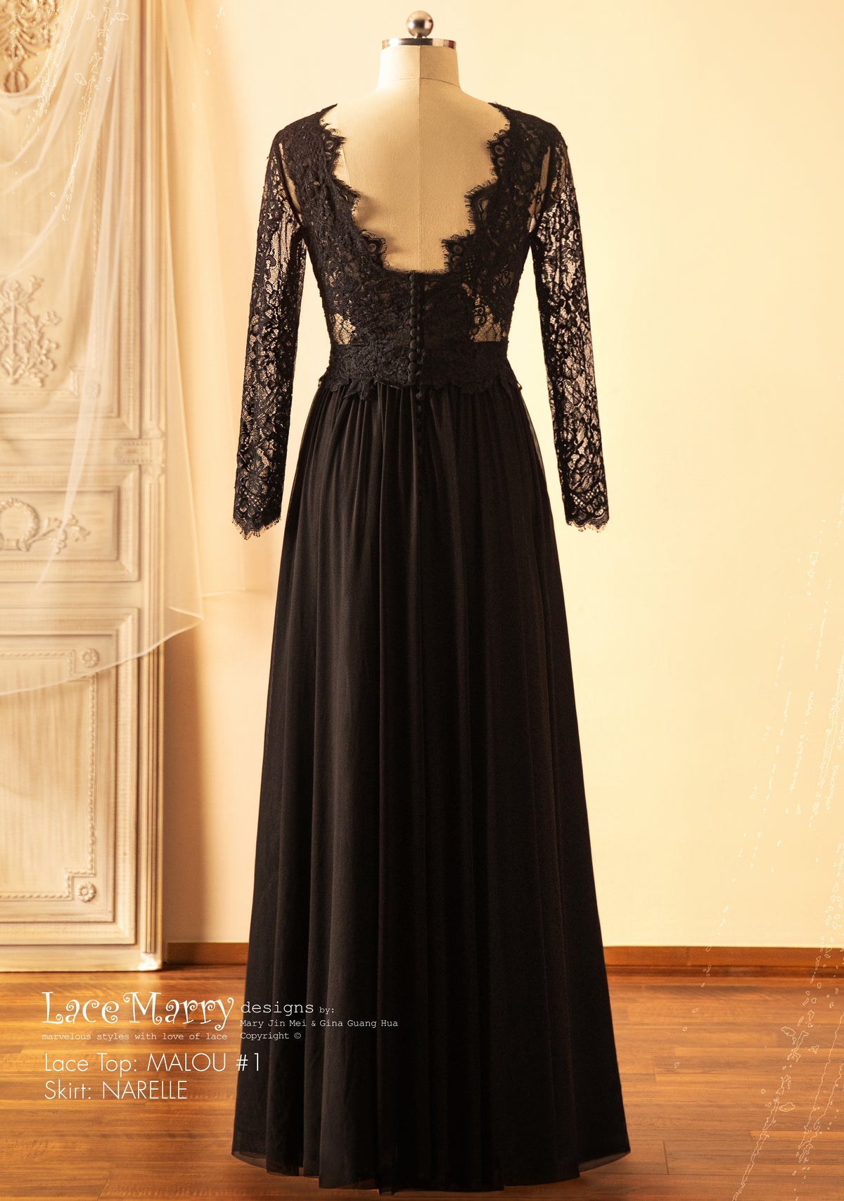 Black Wedding Dress Crop Set with Plain Tulle Skirt and Long Sleeves Lace Top