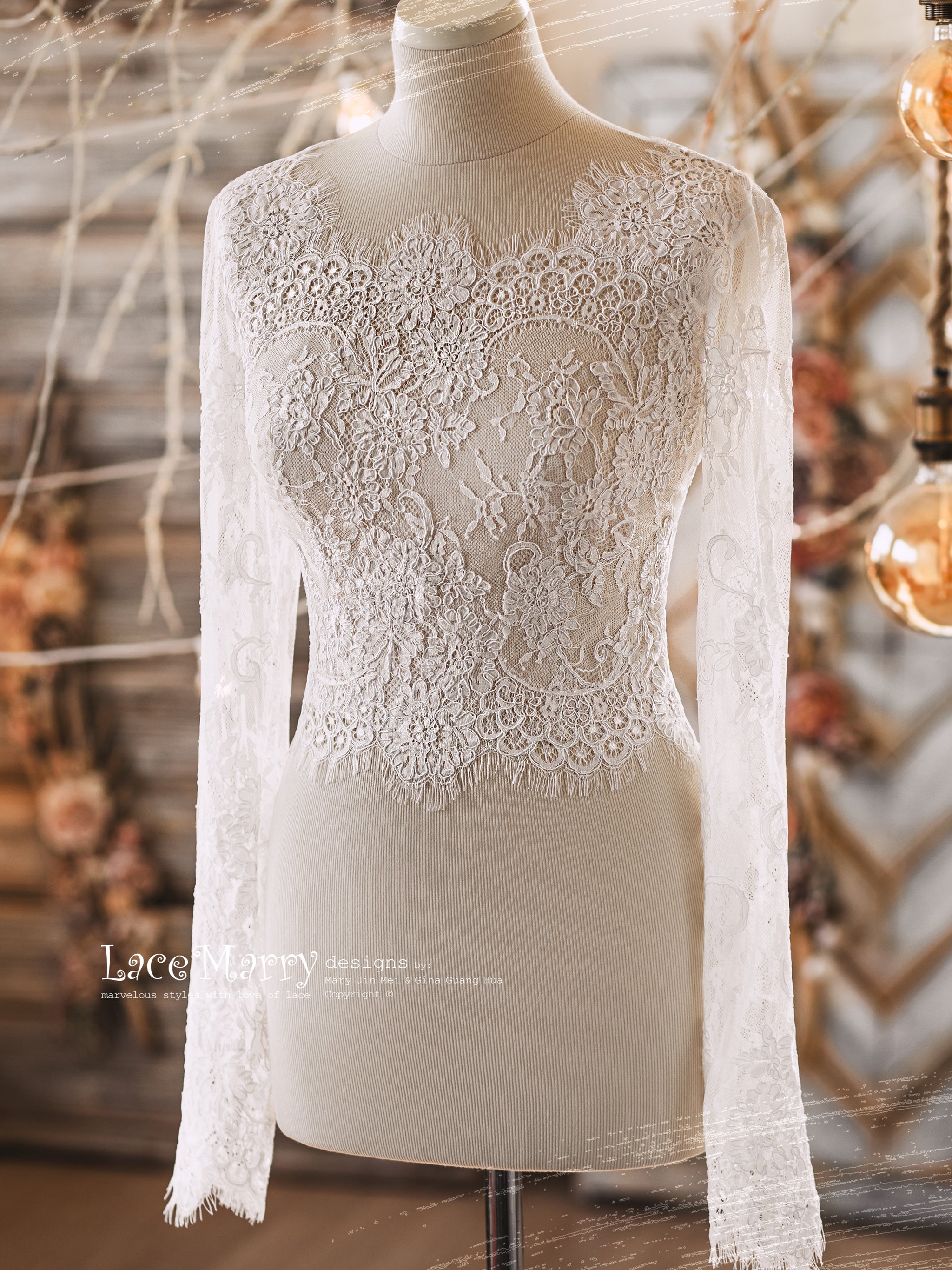 MAGNOLIA #1 / Romantic Bridal Lace Topper with Long Sleeves and Boat N - LaceMarry MAGNOLIA #1 / Romantic Bridal Lace Topper with Long Sleeves and Boat N - LaceMarry