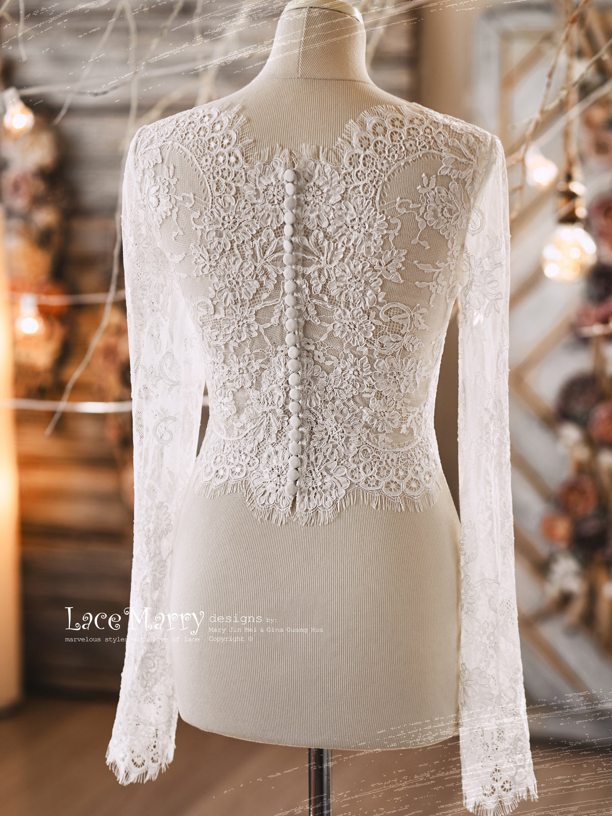 long sleeve boat neck lace wedding dress DeKlaire Bridal 478 Wedding Gown Champagne / S