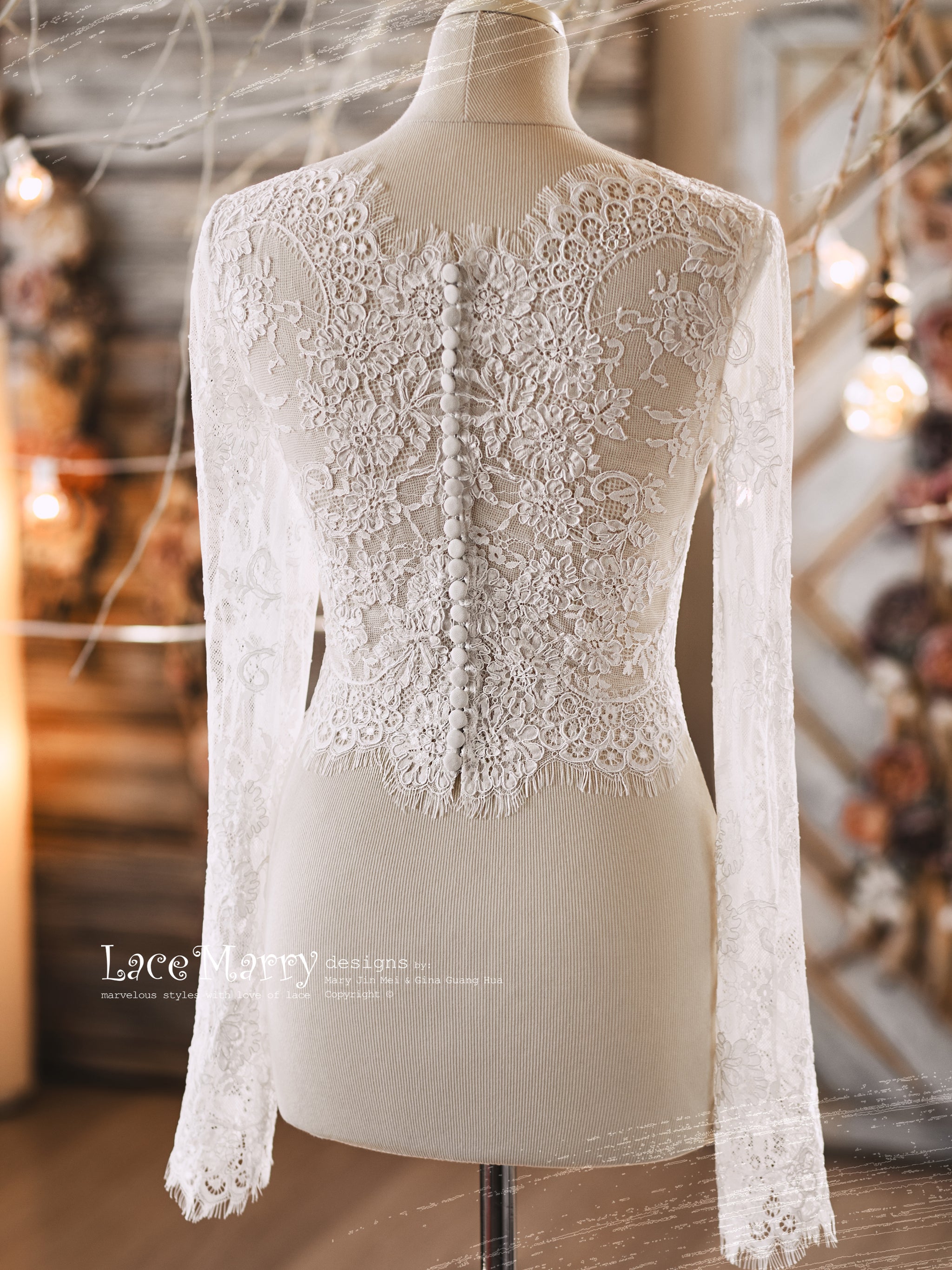 MAGNOLIA #1 / Romantic Bridal Lace Topper with Long Sleeves and Boat N - LaceMarry MAGNOLIA #1 / Romantic Bridal Lace Topper with Long Sleeves and Boat N - LaceMarry