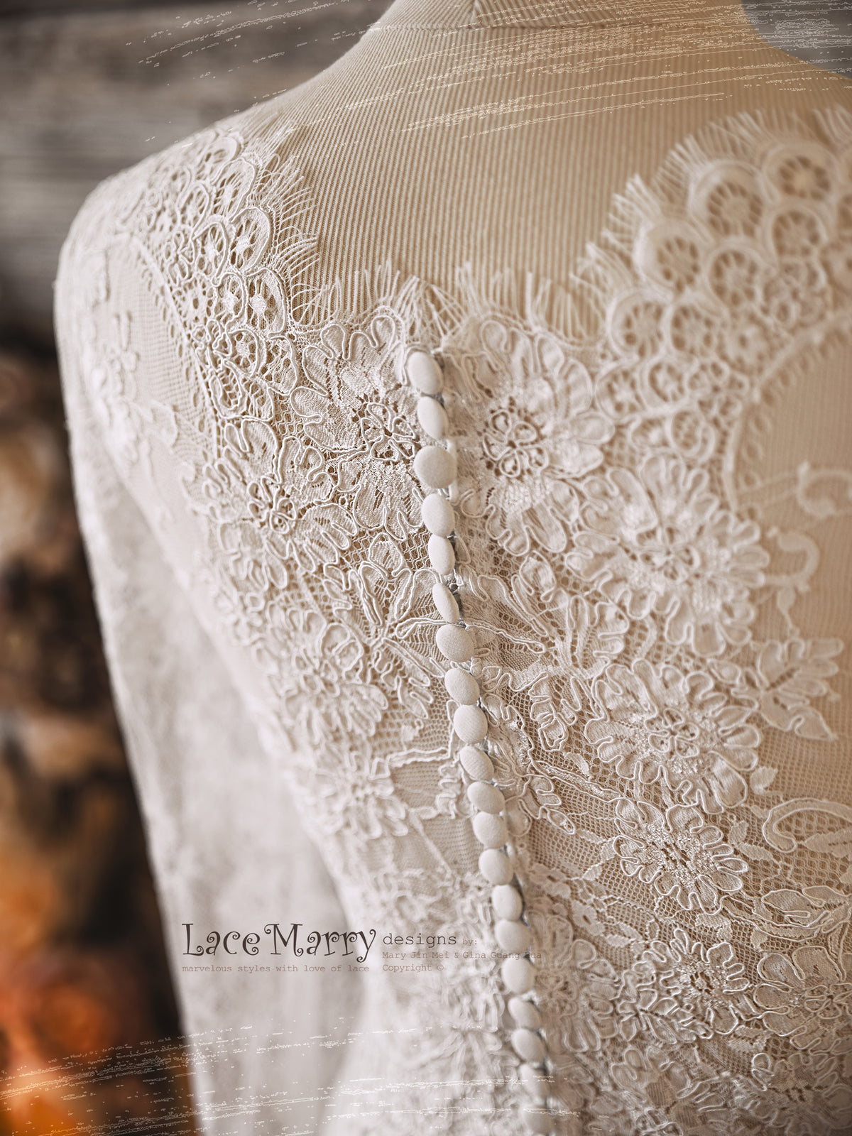 MAGNOLIA #1 / Romantic Bridal Lace Topper with Long Sleeves and Boat Neck