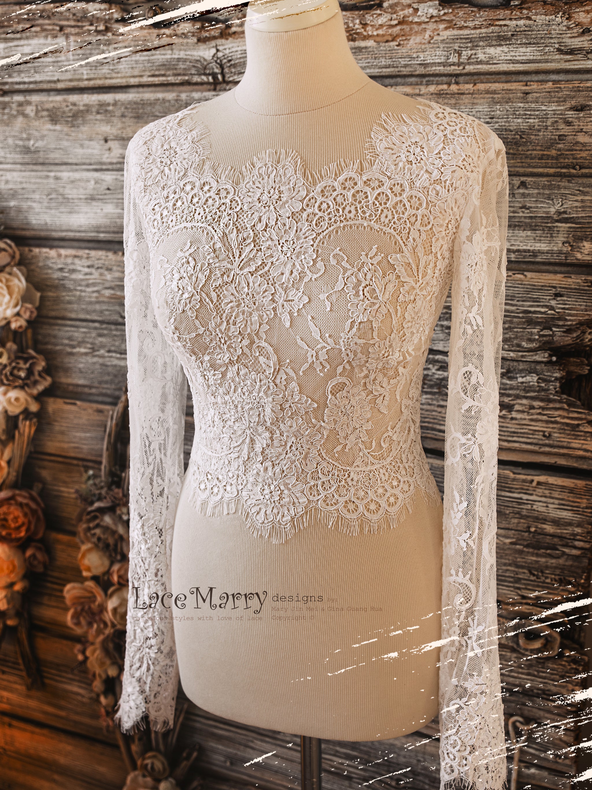 MAGNOLIA #1 / Romantic Bridal Lace Topper with Long Sleeves and Boat N - LaceMarry MAGNOLIA #1 / Romantic Bridal Lace Topper with Long Sleeves and Boat N - LaceMarry