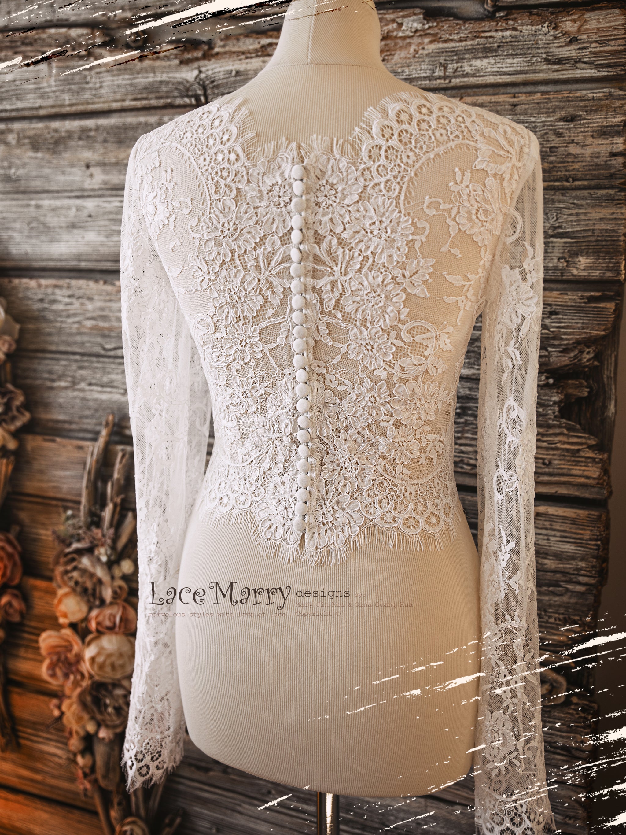MAGNOLIA #1 / Boat Neck Lace Topper with Long Sleeves - LaceMarry MAGNOLIA #1 / Boat Neck Lace Topper with Long Sleeves - LaceMarry