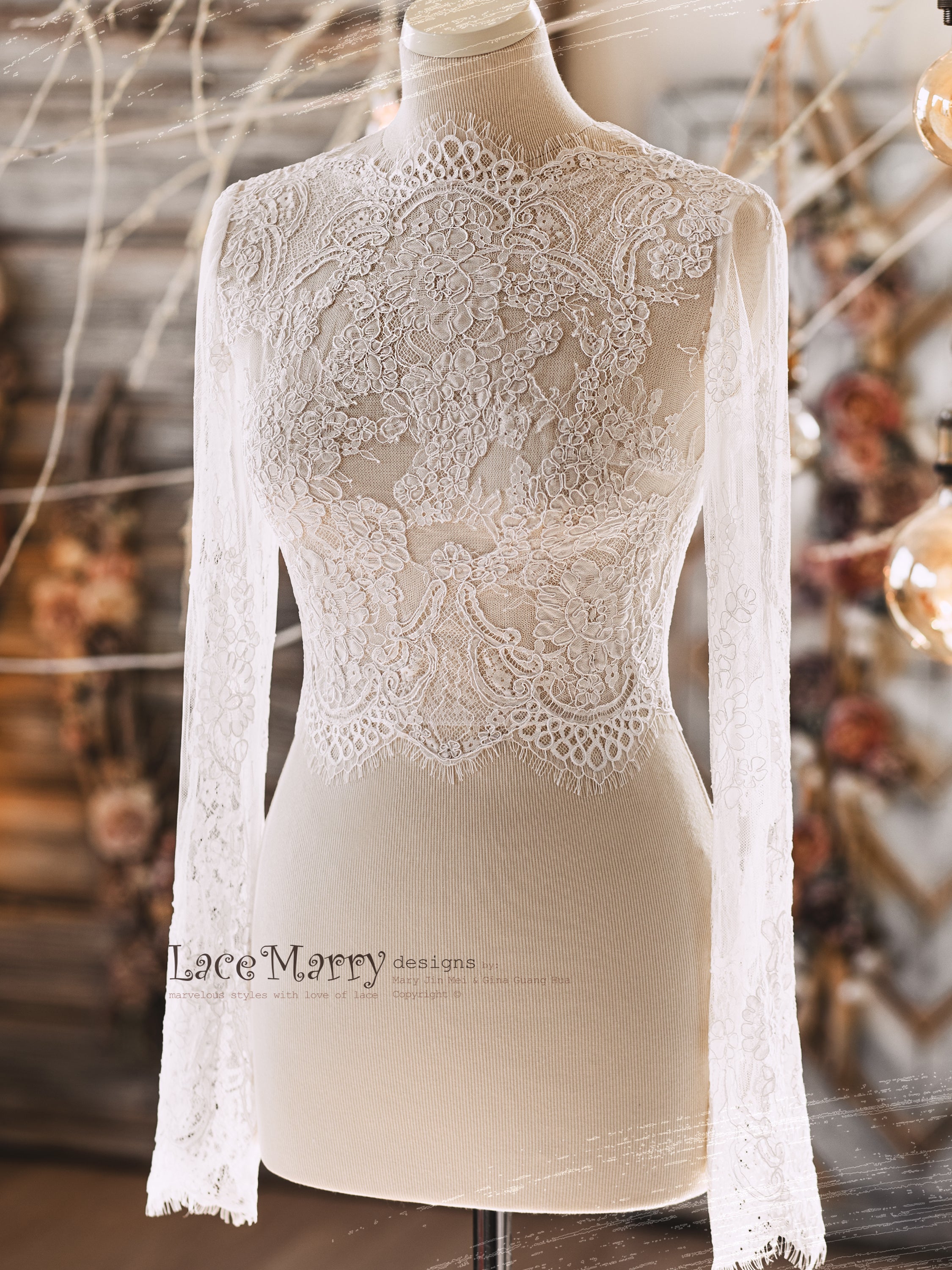 knee length dresses for ladies Boat Neck Lace A-Line Wedding Dress with Long Sleeves Button Back Swee –  VOS LEE main image 0