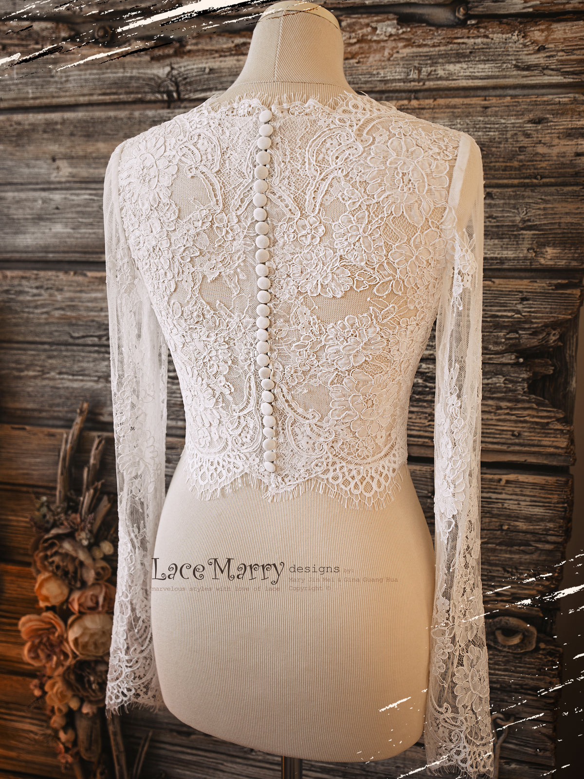 MAGNOLIA #4 / Boat Neck Lace Bolero with Long Sleeves - LaceMarry MAGNOLIA #4 / Boat Neck Lace Bolero with Long Sleeves - LaceMarry