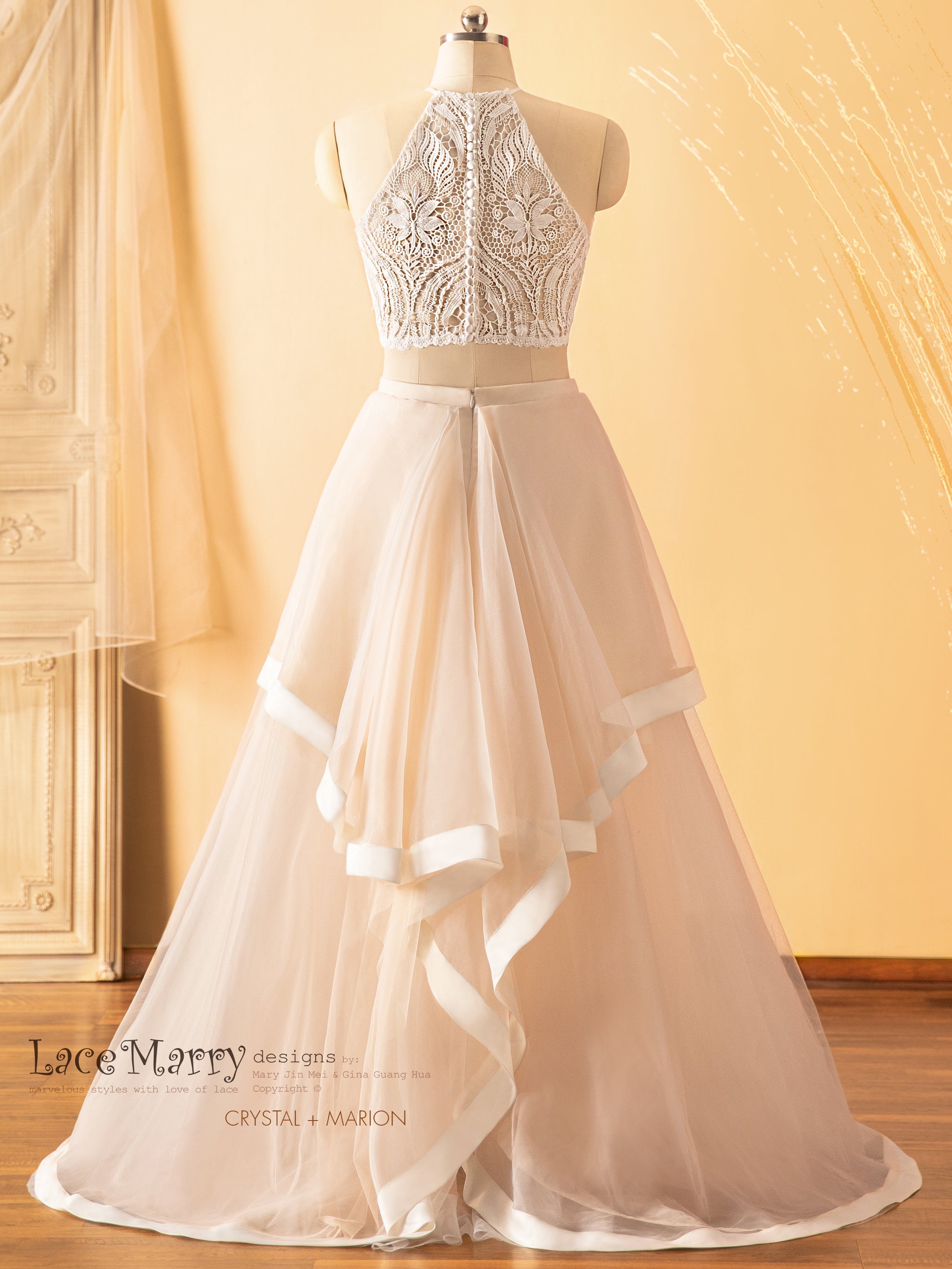 boho crop top wedding dress Crop Top Lace Two Piece Boho Spaghetti Straps Wedding Dresses, MW509