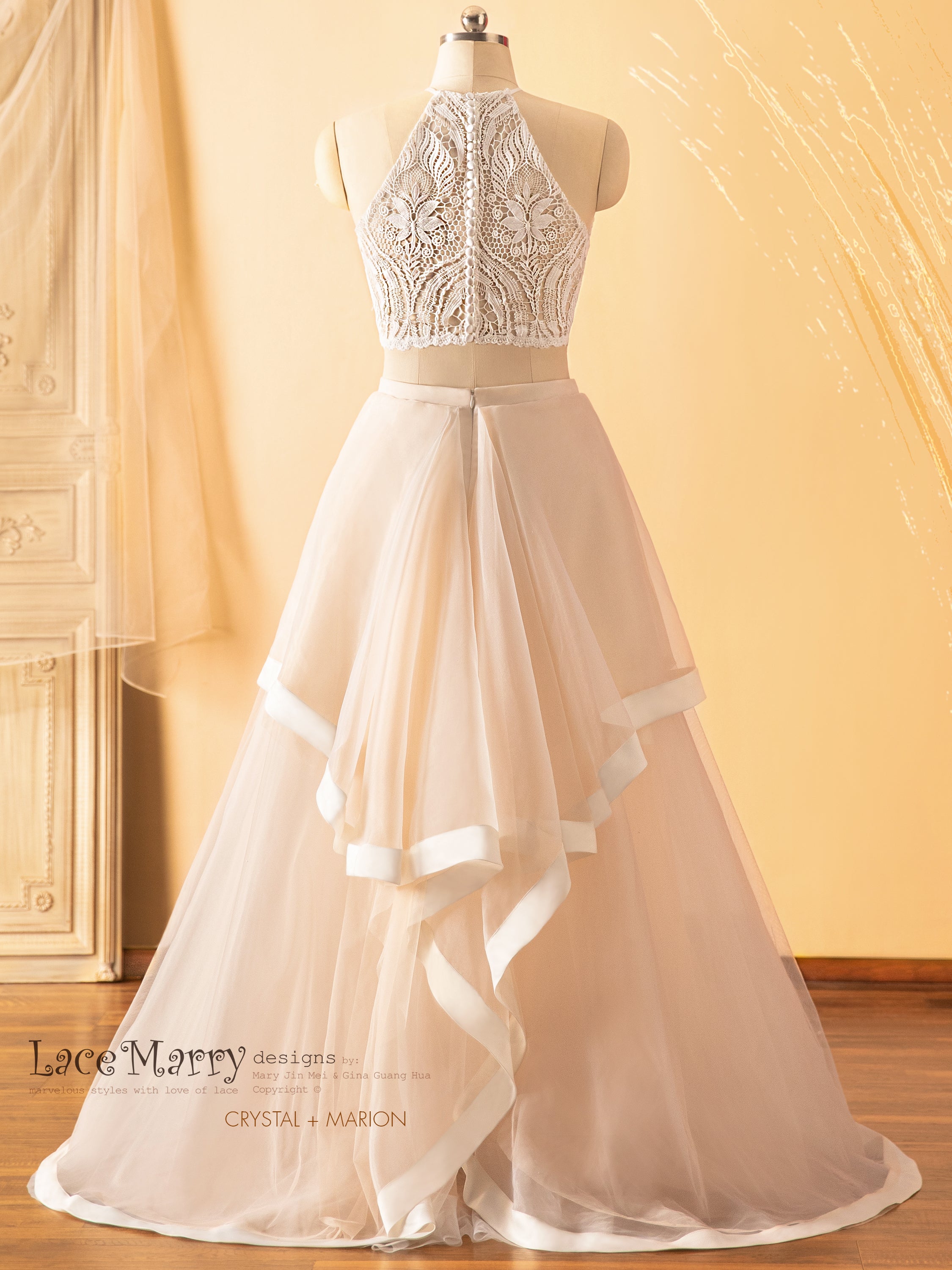 Hera White AC Ethereal Floral Lace Wedding Dress with Tiered Tulle Skirt 16 / Ivory/ Pink