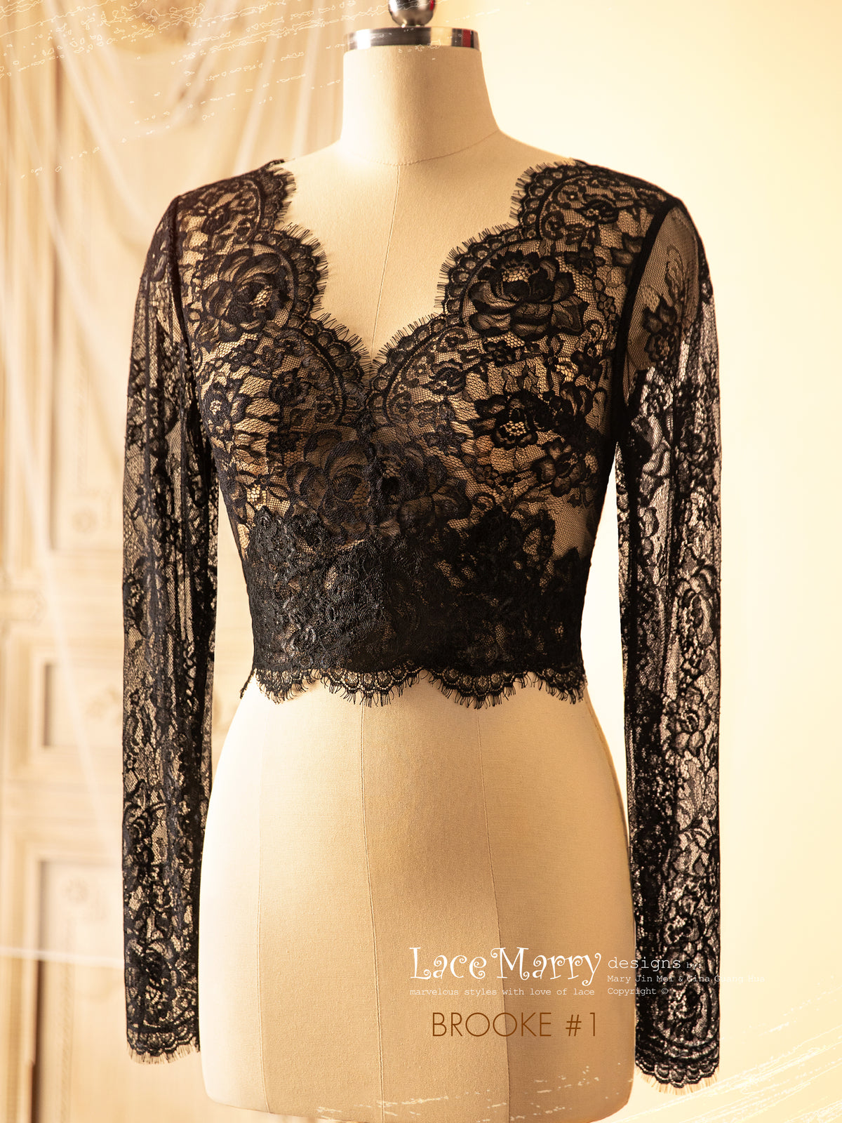 BROOKE #1 / Black Lace Bolero with Long Sleeves and V Neckline - LaceMarry BROOKE #1 / Black Lace Bolero with Long Sleeves and V Neckline - LaceMarry