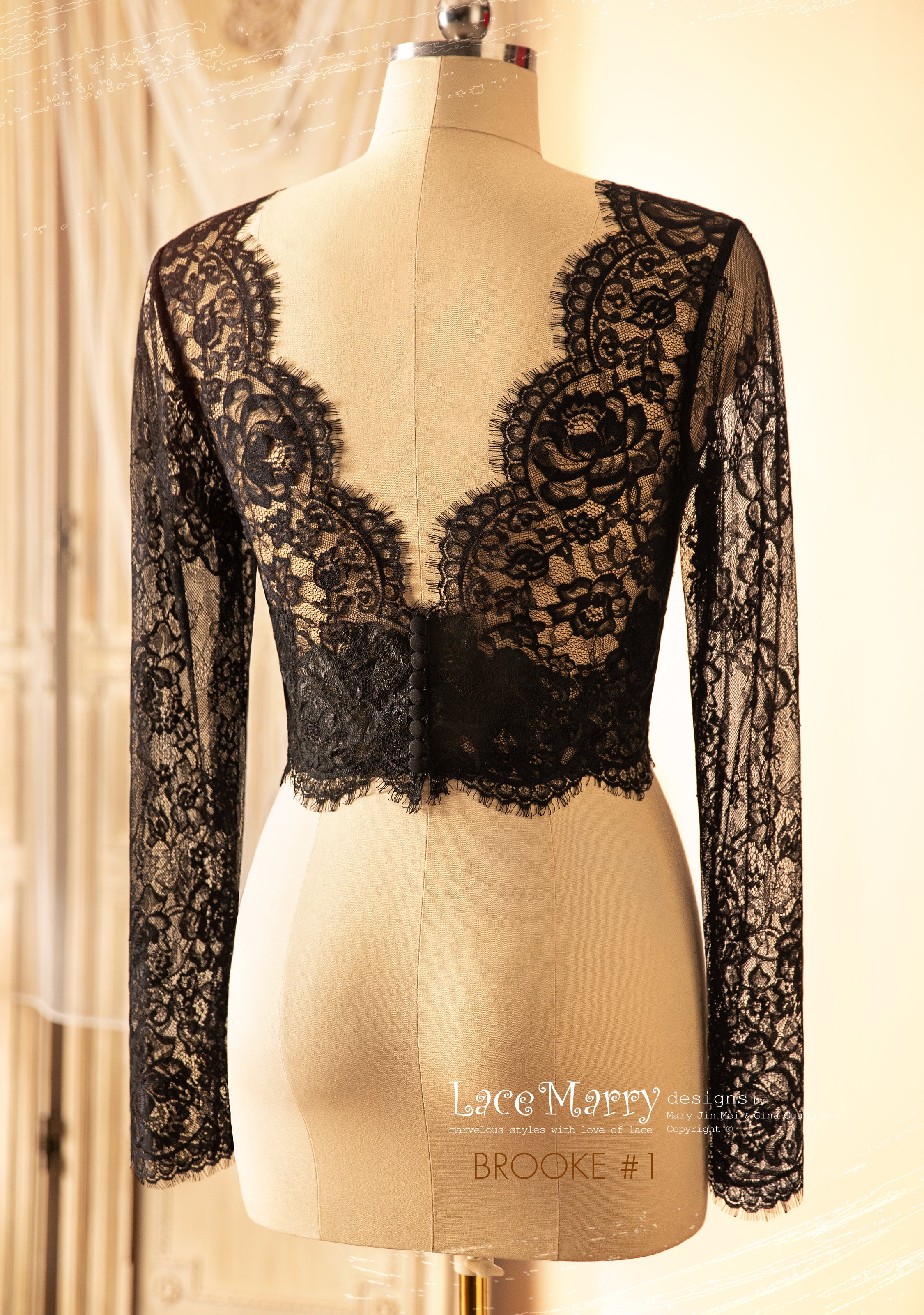 BROOKE #1 / Black Lace Bolero with Long Sleeves and V Neckline