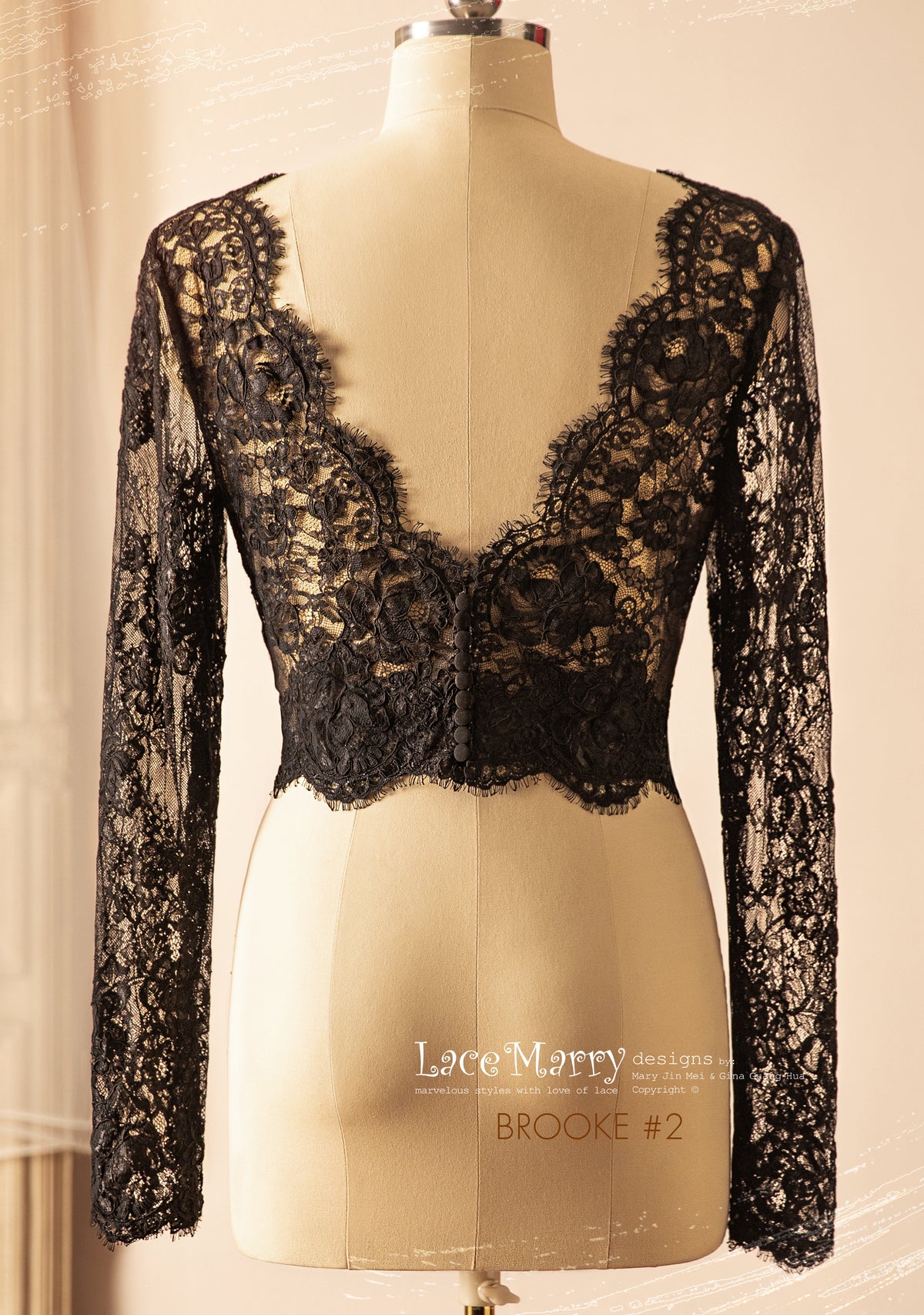 BROOKE #2 / Gothic Black Lace Bridal Bolero with Long Sleeves