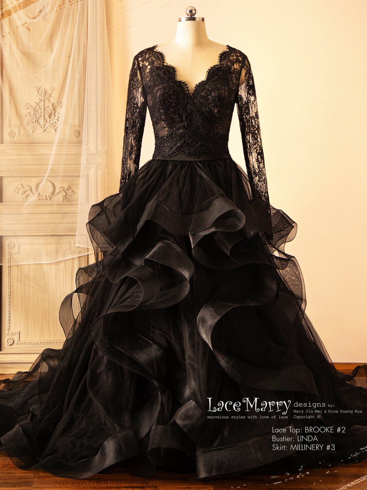 Black Wedding Dress with Separate Long Lacy Sleeves Bolero and Bustier - LaceMarry Black Wedding Dress with Separate Long Lacy Sleeves Bolero and Bustier - LaceMarry