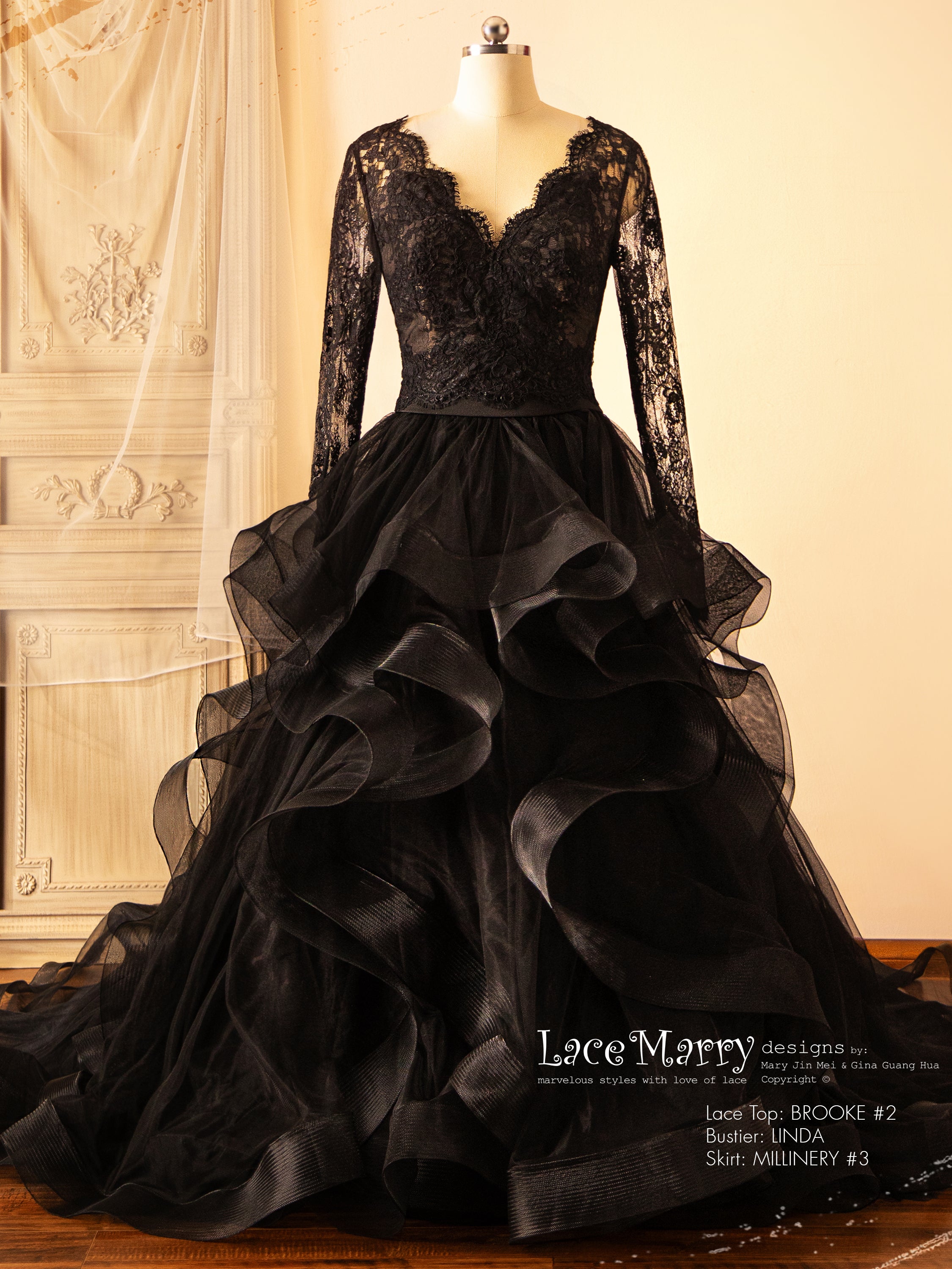 Black Wedding Dress with Separate Long Lacy Sleeves Bolero and Bustier - LaceMarry Black Wedding Dress with Separate Long Lacy Sleeves Bolero and Bustier - LaceMarry