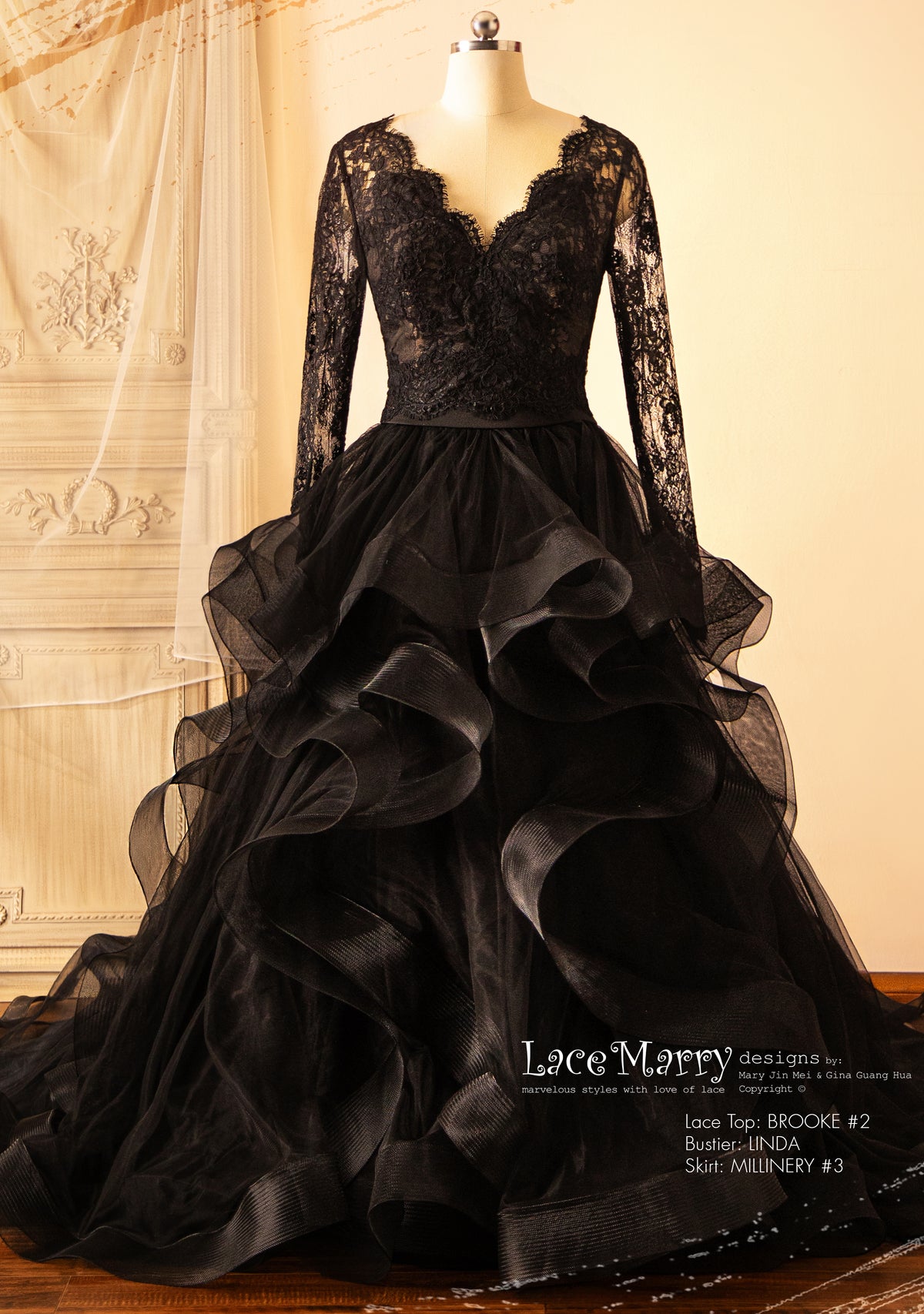 Black Wedding Dress with Separate Long Lacy Sleeves Bolero and Bustier