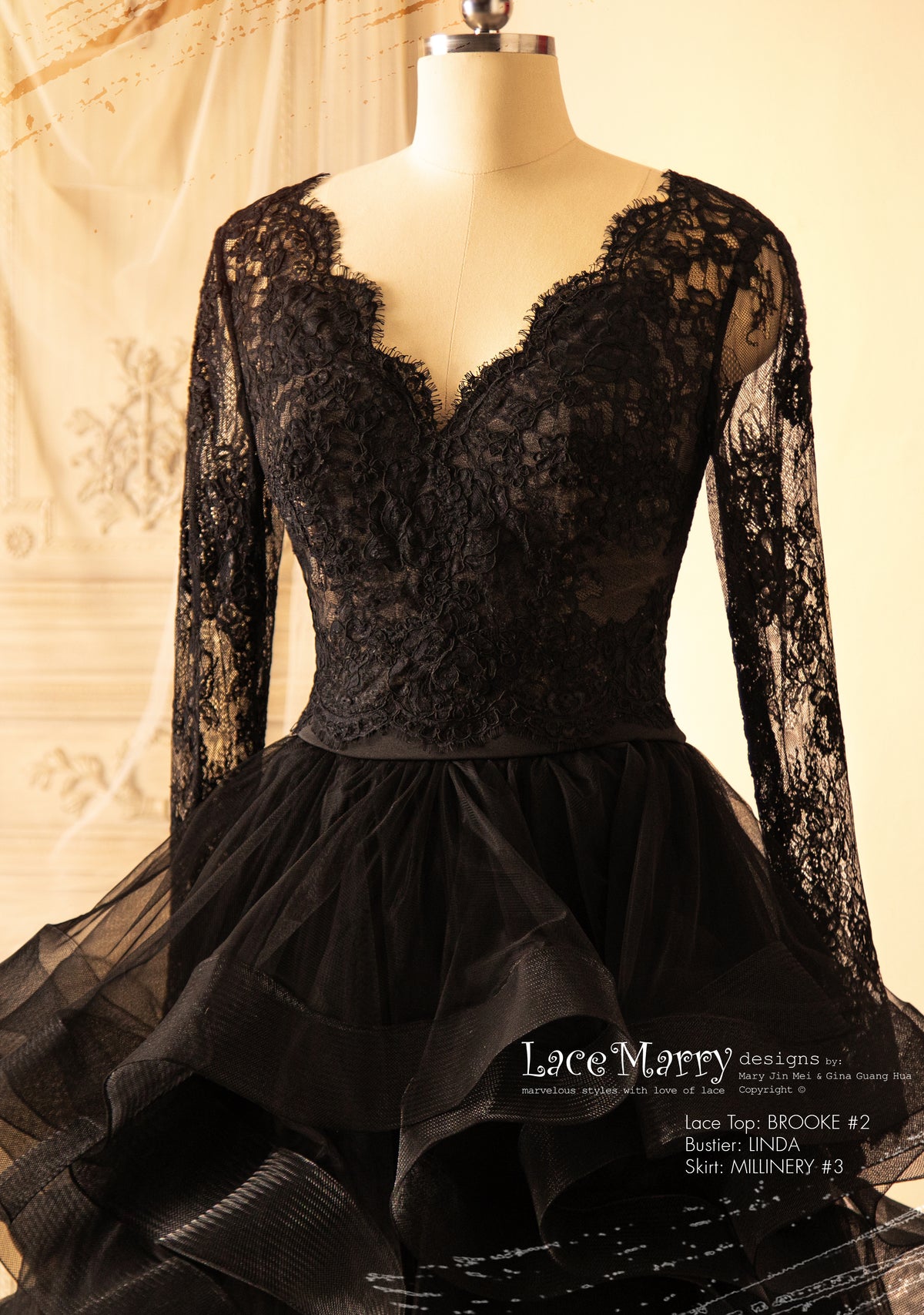 Black Wedding Dress with Separate Long Lacy Sleeves Bolero and Bustier