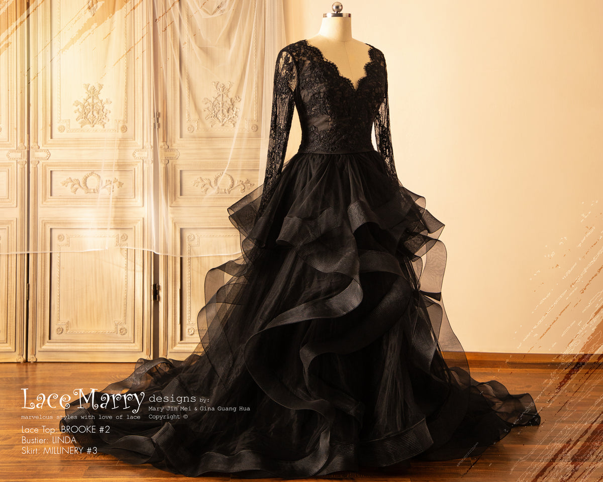 Black Wedding Dress with Separate Long Lacy Sleeves Bolero and Bustier