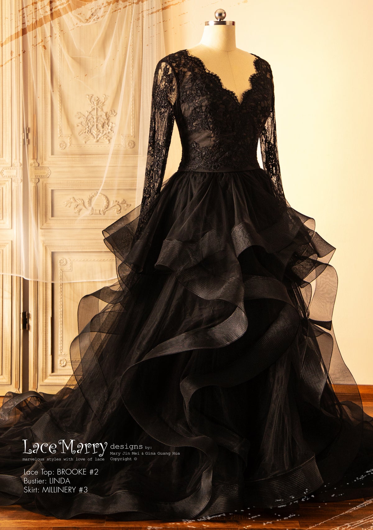black lace top wedding dress NIETTA / Black Wedding Dress with Nude Lining