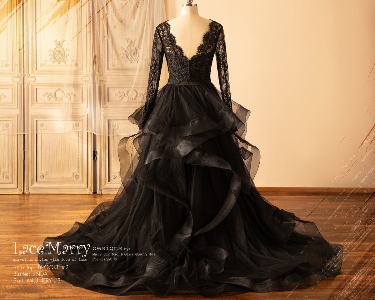 Black Wedding Dress with Separate Long Lacy Sleeves Bolero and Bustier