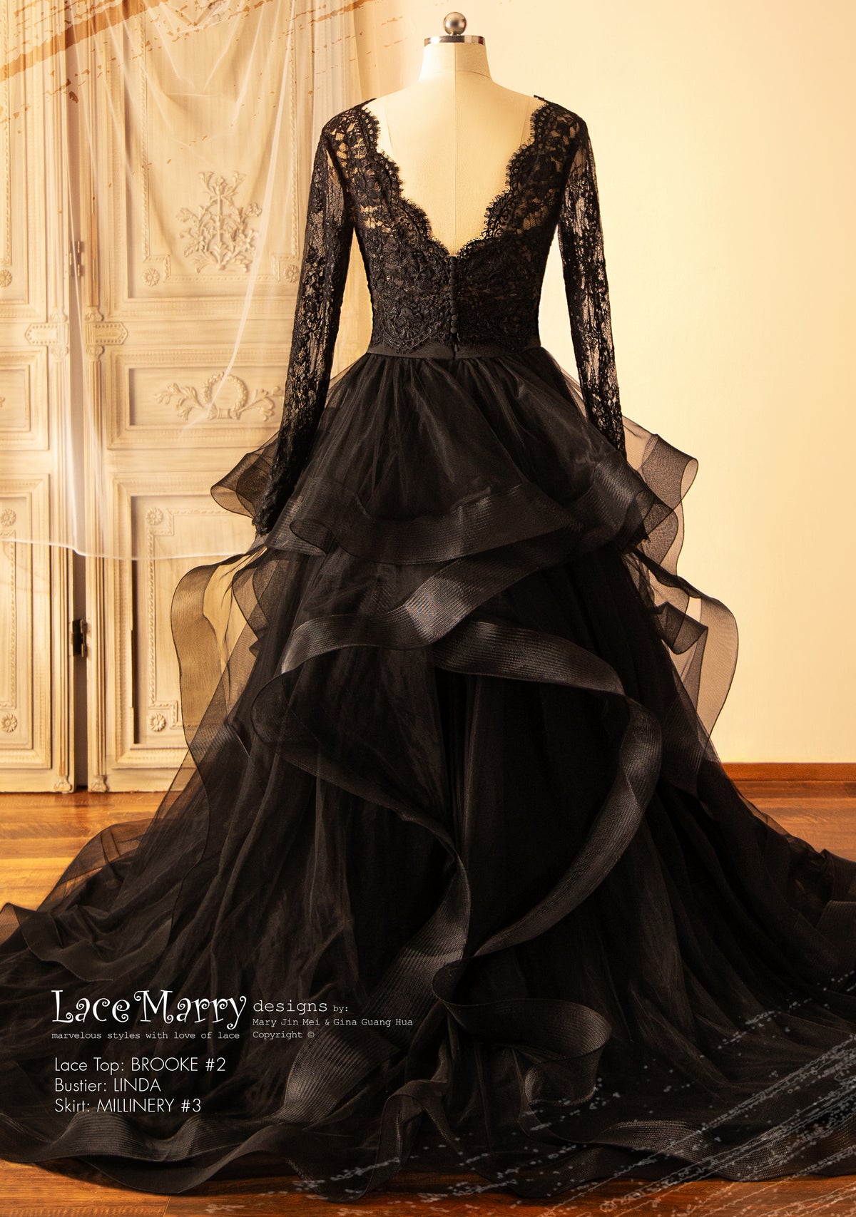 Black Wedding Dress with Separate Long Lacy Sleeves Bolero and Bustier