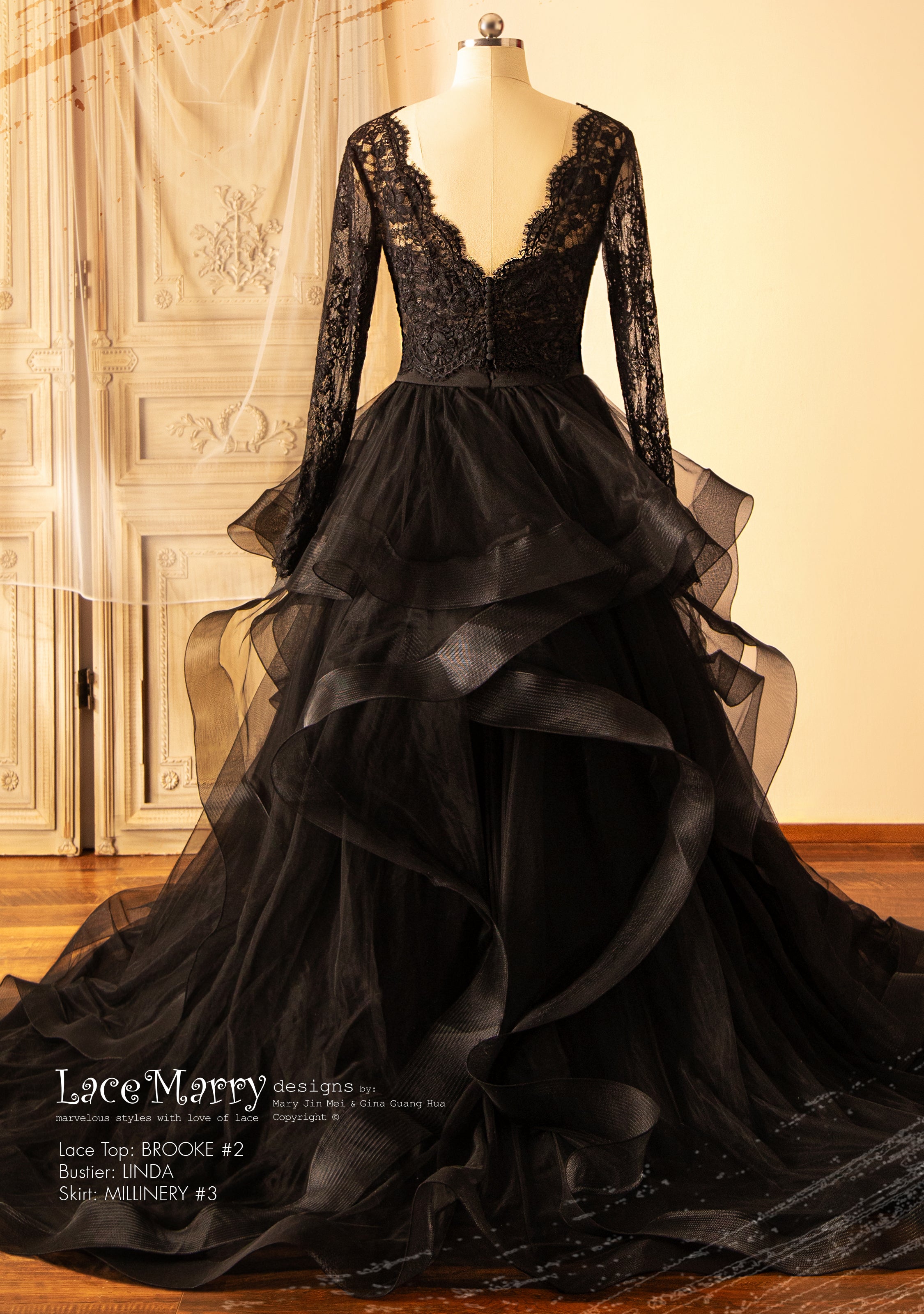 Black Wedding Dress with Separate Long Lacy Sleeves Bolero and