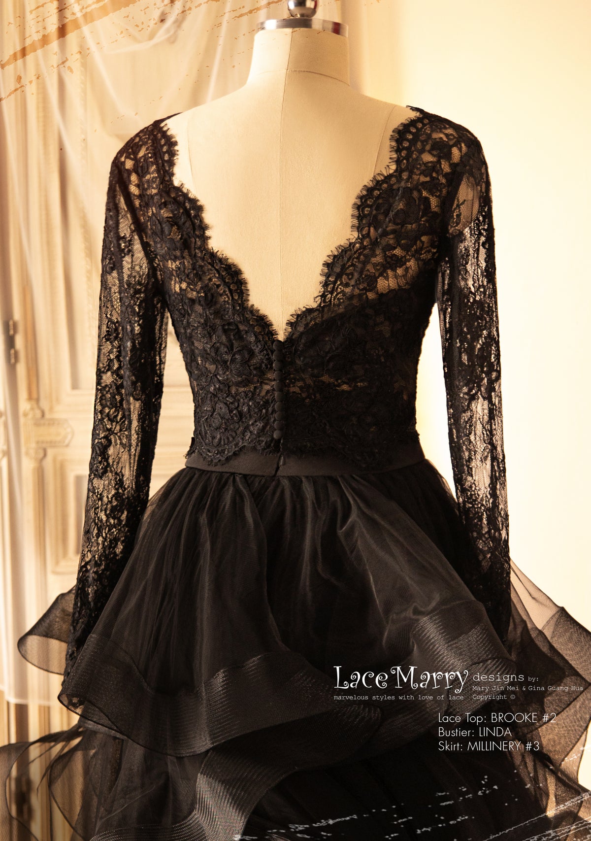 Black Wedding Dress with Separate Long Lacy Sleeves Bolero and Bustier