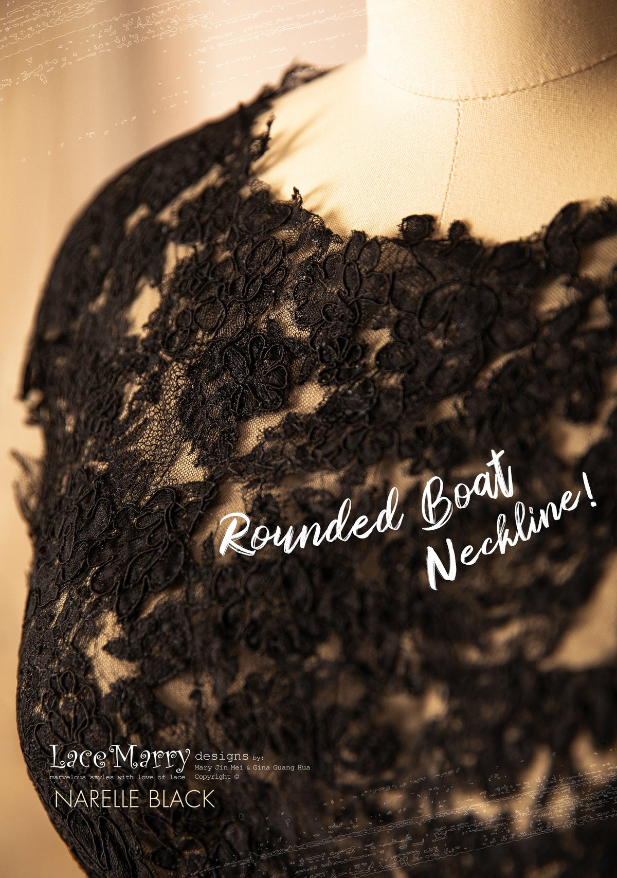 NARELLE / Black Lace Topper with Boat Neckline - LaceMarry NARELLE / Black Lace Topper with Boat Neckline - LaceMarry