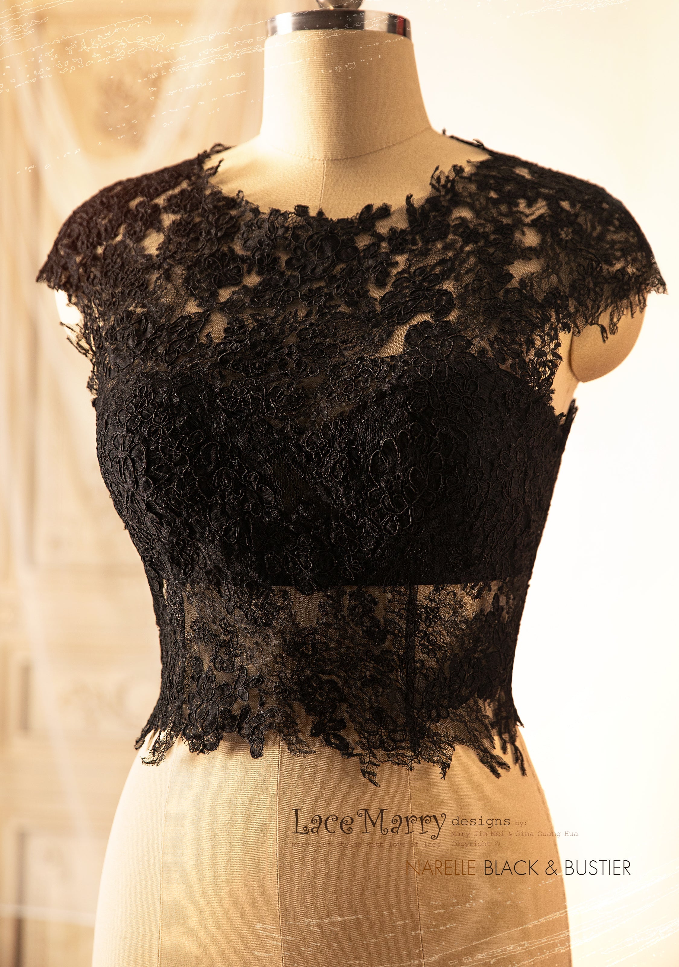 NARELLE / Black Lace Topper with Boat Neckline - LaceMarry