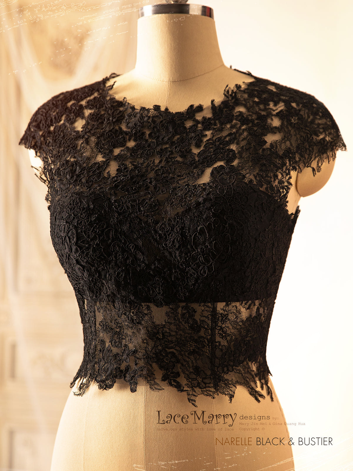 NARELLE / Black Lace Topper with Boat Neckline - LaceMarry NARELLE / Black Lace Topper with Boat Neckline - LaceMarry