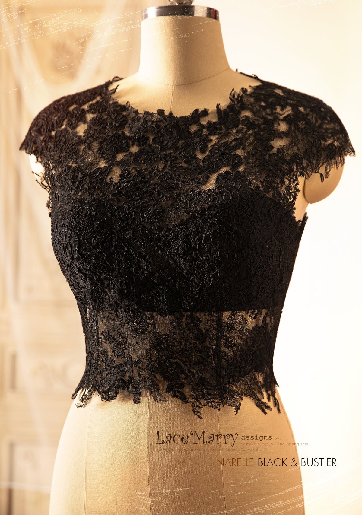 NARELLE / Black Wedding Dress with Boat Neckline Lace Top