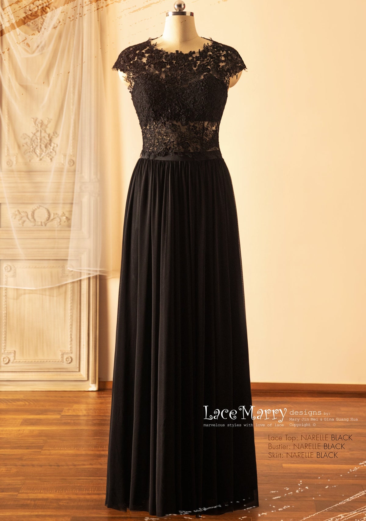 NARELLE / Black Lace Topper with Boat Neckline - LaceMarry NARELLE / Black Lace Topper with Boat Neckline - LaceMarry