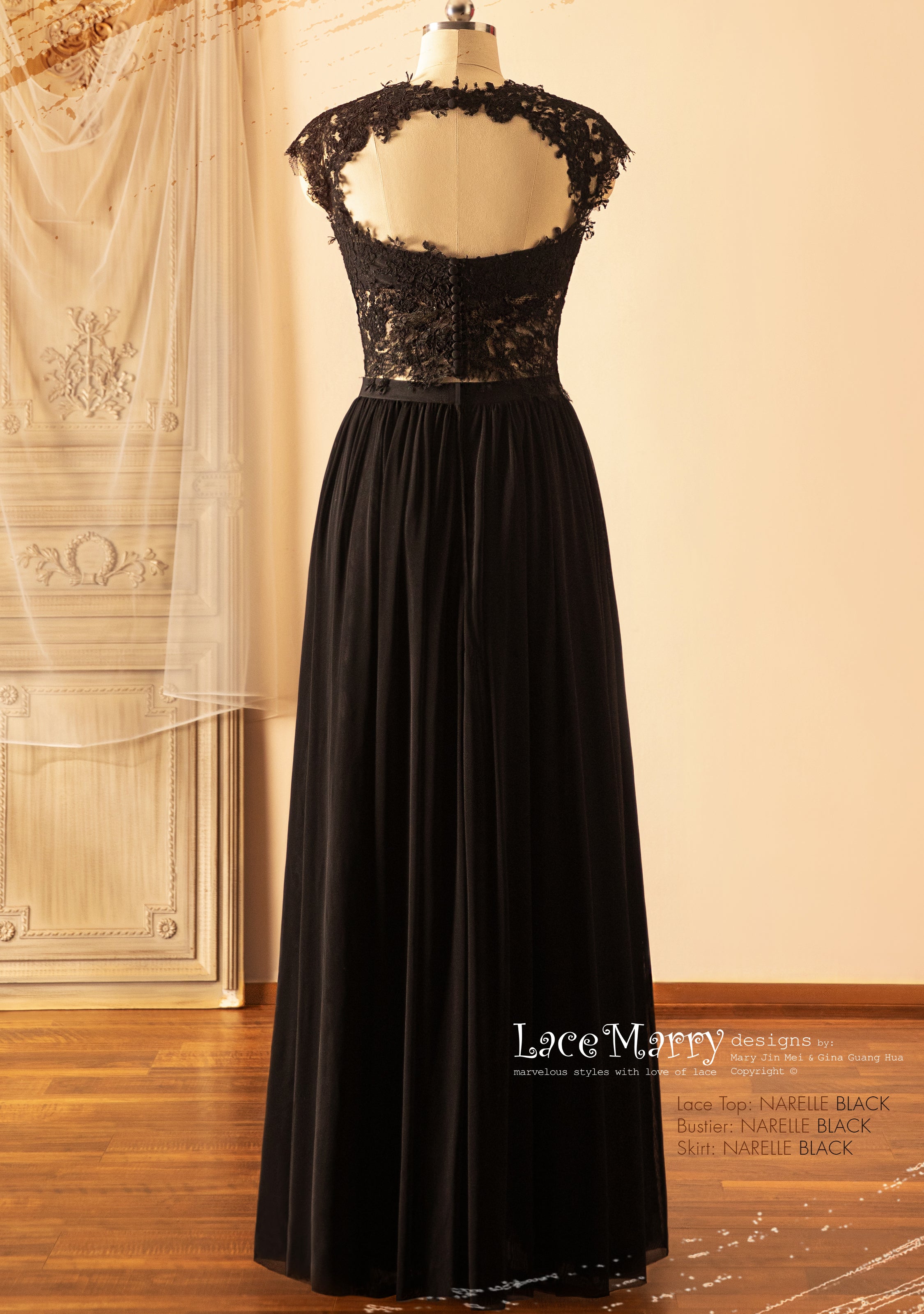 NARELLE / Black Lace Topper with Boat Neckline - LaceMarry