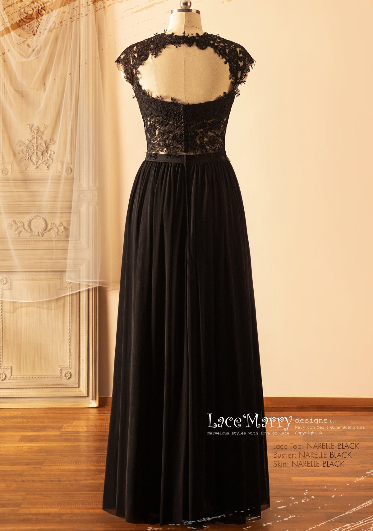 NARELLE / Black Wedding Dress with Boat Neckline Lace Top